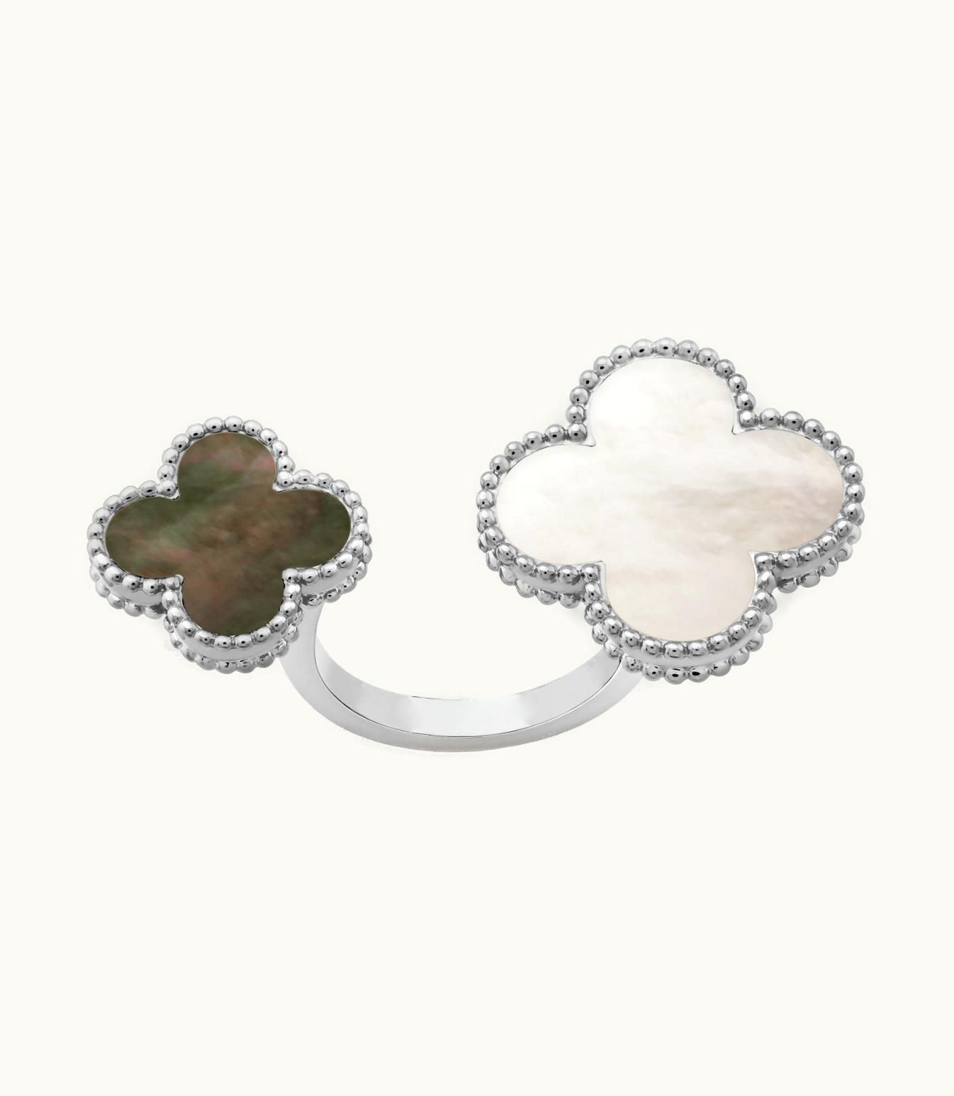 Van Cleef & Arpels Magic Alhambra Between the Finger Ring, Rhodium Plated 18k White Gold, White and Gray Mother-of-pearl