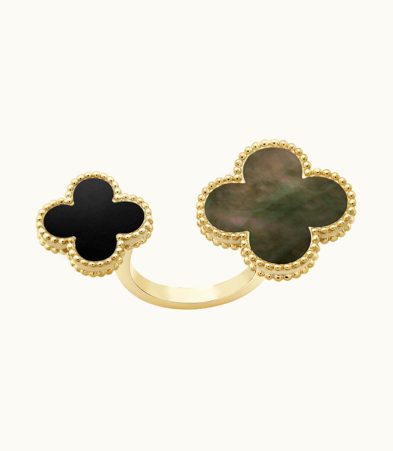 Van Cleef & Arpels Magic Alhambra Between the Finger Ring, 18k Yellow Gold, Gray Mother-of-pearl, Onyx