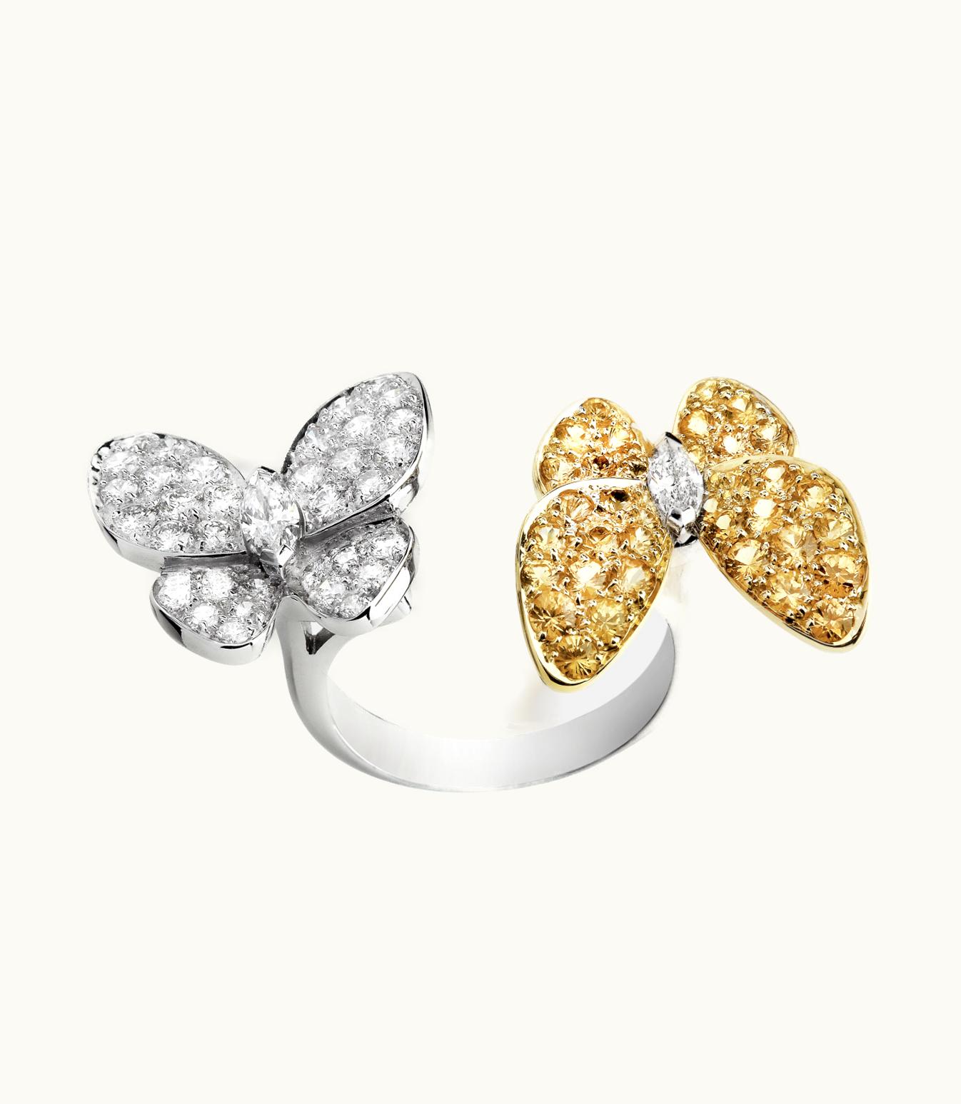 Van Cleef & Arpels Two Butterfly Between the Finger Ring, 18k Yellow Gold, Yellow Sapphires, Rhodium Plated 18k White Gold, Diamonds