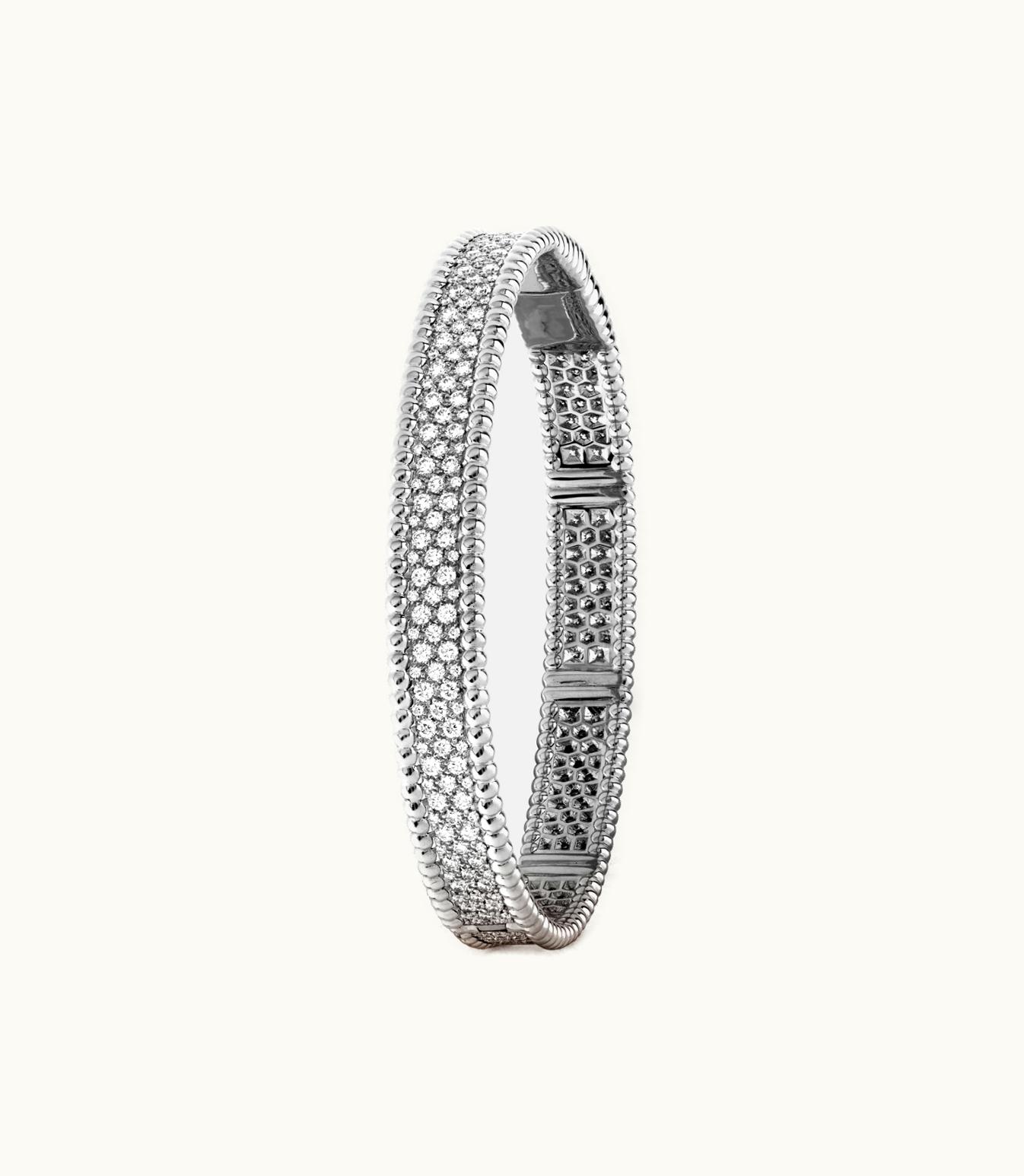 Van Cleef & Arpels Perlée Diamonds Bracelet, 3 Rows, Rhodium Plated 18k White Gold, Diamonds, Medium Model