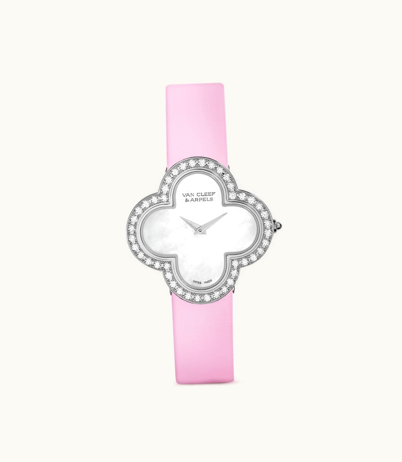 Van Cleef & Arpels Alhambra Watch, Medium Model, Rhodium Plated 18k White Gold, Diamonds, Mother-of-pearl, Quartz Movement