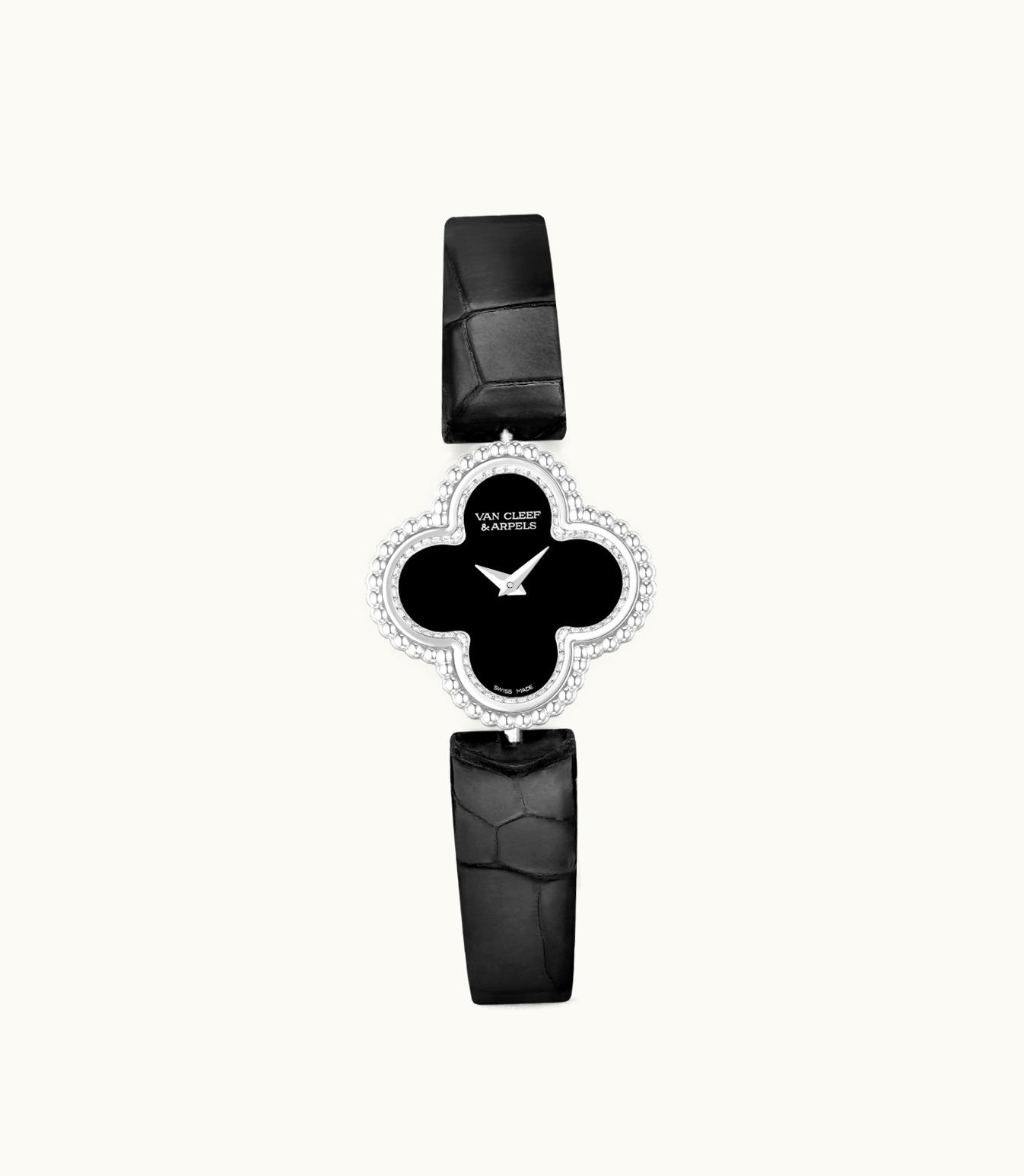 Van Cleef & Arpels Sweet Alhambra Watch, Rhodium Plated 18k White Gold, Diamonds, Onyx, Quartz Movement