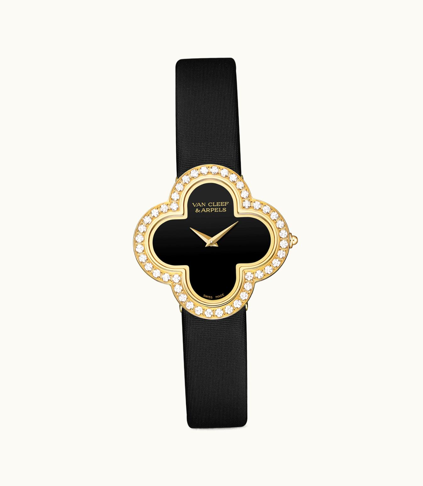 Van Cleef & Arpels Alhambra Watch, Medium Model, 18k Yellow Gold, Diamonds, Onyx, Quartz Movement