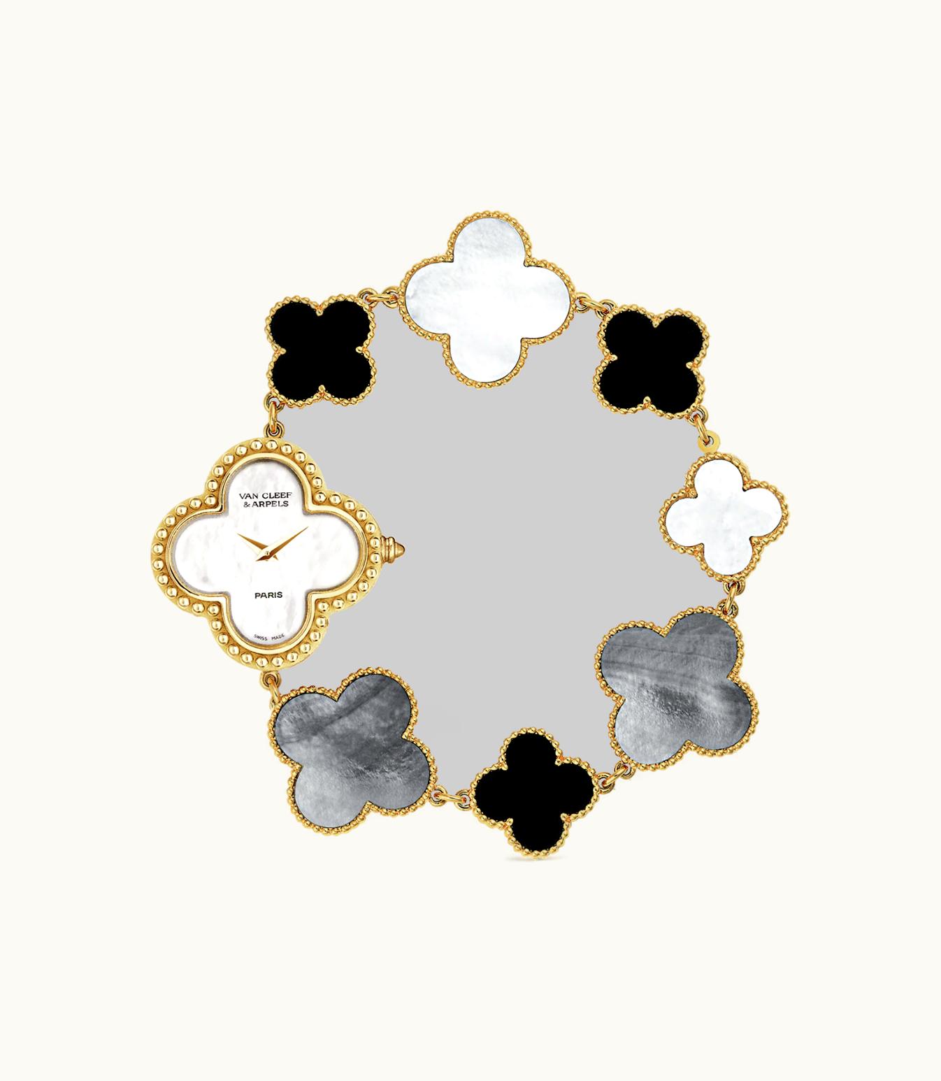 Van Cleef & Arpels Alhambra Watch, Small Model, 18k Yellow Gold, White and Gray Mother-of-pearl, Onyx, Quartz Movement