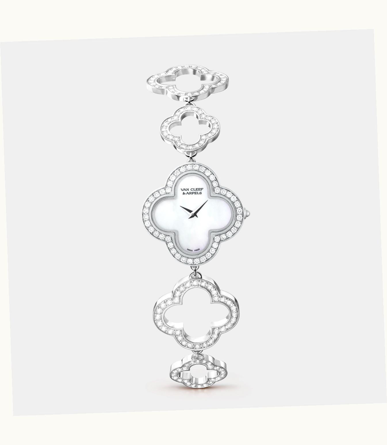 Van Cleef & Arpels Alhambra Watch, Small Model, Rhodium Plated 18k White Gold, Diamonds, Mother-of-pearl, Quartz Movement