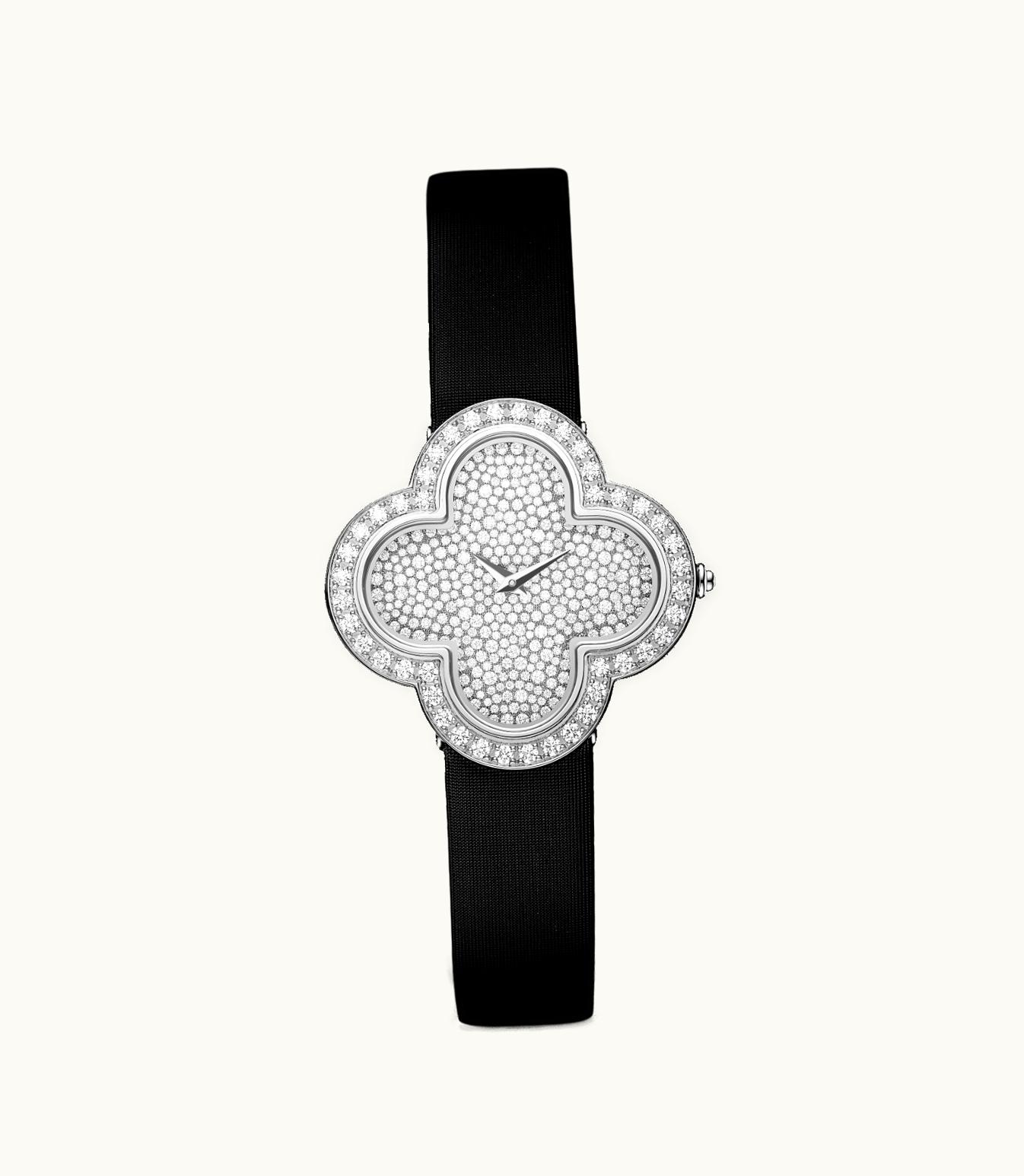 Van Cleef & Arpels Alhambra Watch, Medium Model, Rhodium Plated 18k White Gold, Diamonds, Quartz Movement