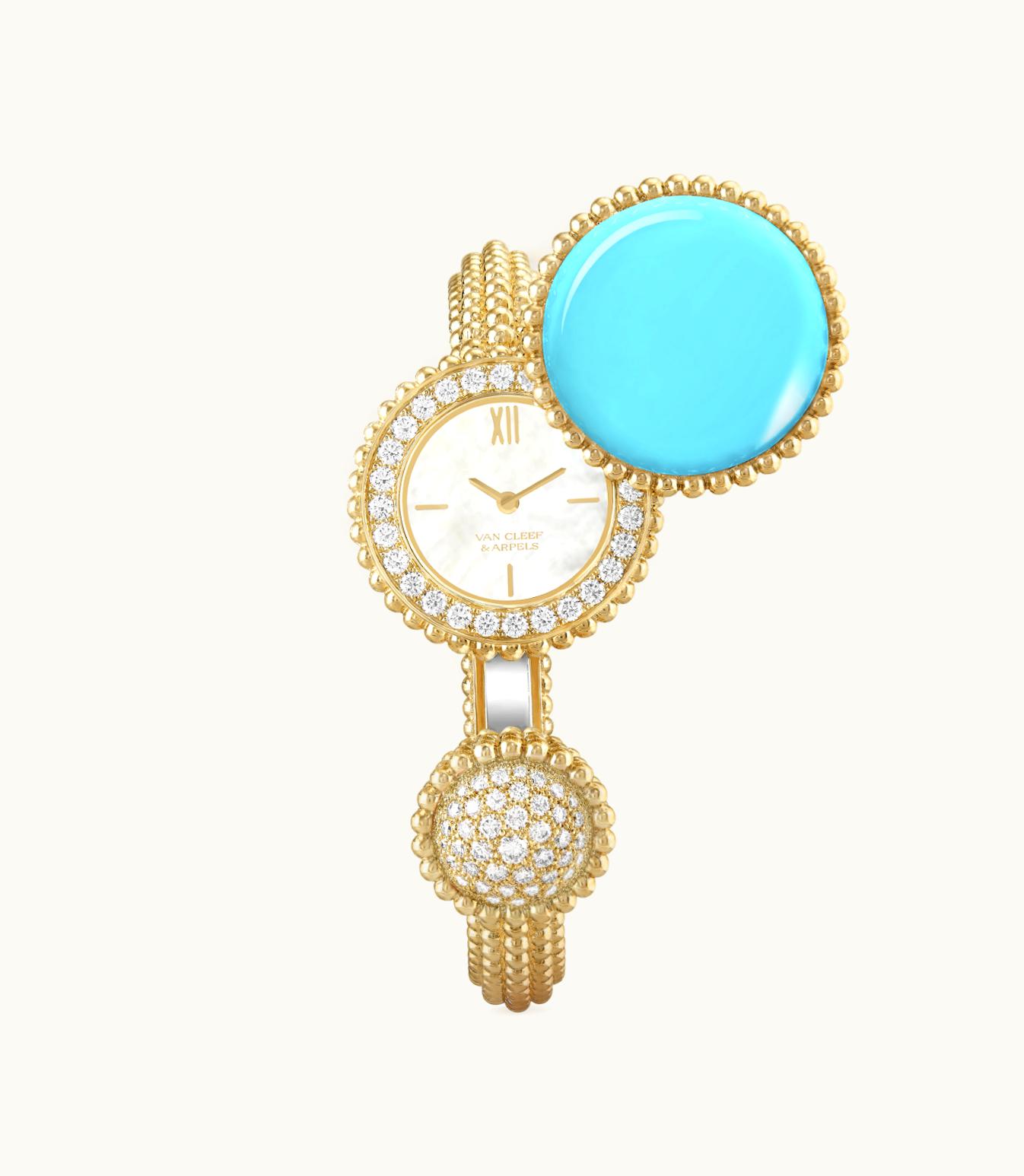 Van Cleef & Arpels Perlée Toi & Moi Secret Watch, Medium Model, 18k Yellow Gold, Diamonds, Turquoise, White Mother-of-pearl, Swiss Quartz Movement