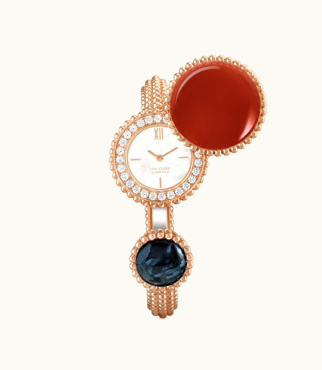 Van Cleef & Arpels Perlée Toi & Moi Secret Watch, Medium Model, 18k Rose Gold, Diamonds, Carnelian, Black Pietersite, White Mother-of-pearl, Swiss Quartz Movement
