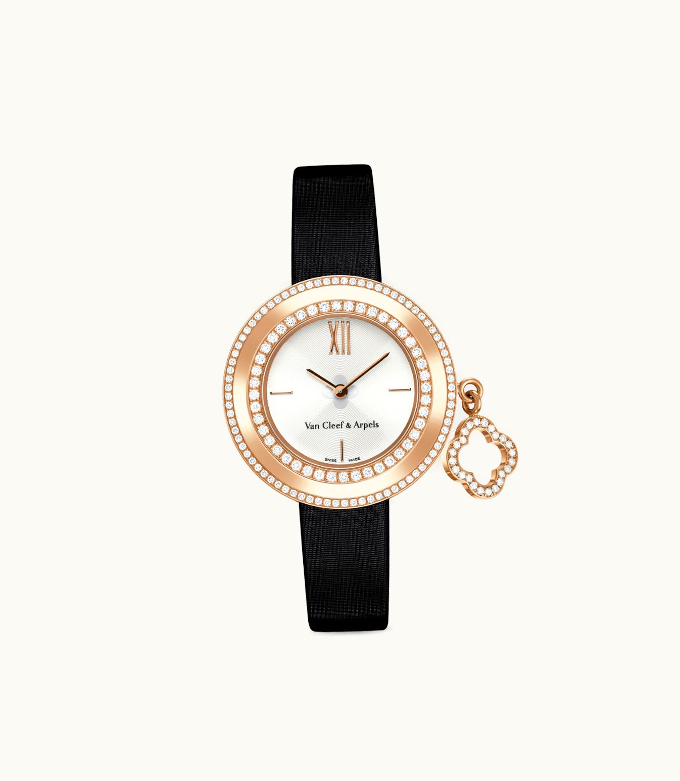 Van Cleef & Arpels Charms Watch, 25 Mm, 18k Rose Gold, Diamonds, Lacquer, Quartz Movement VCARO29800