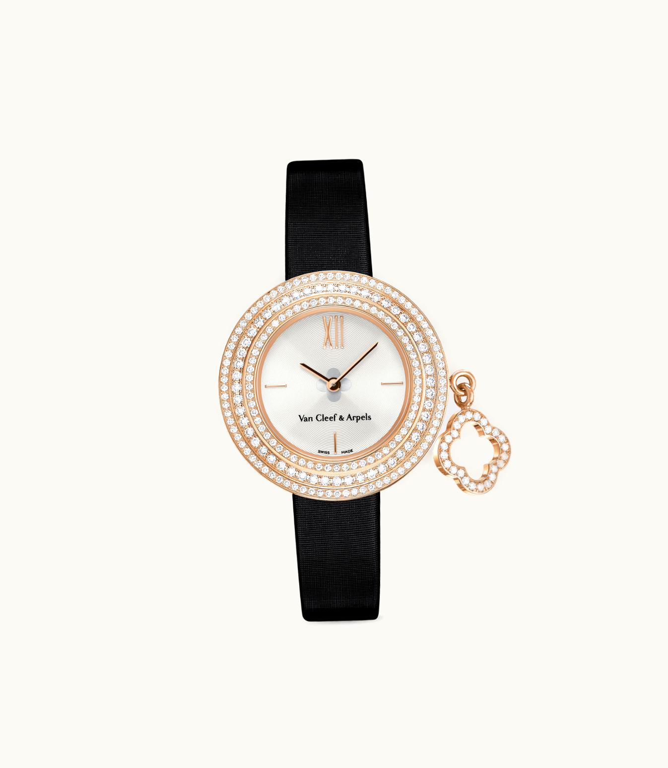 Van Cleef & Arpels Charms Watch, 25 Mm, 18k Rose Gold, Diamonds, Lacquer, Quartz Movement VCARO29700