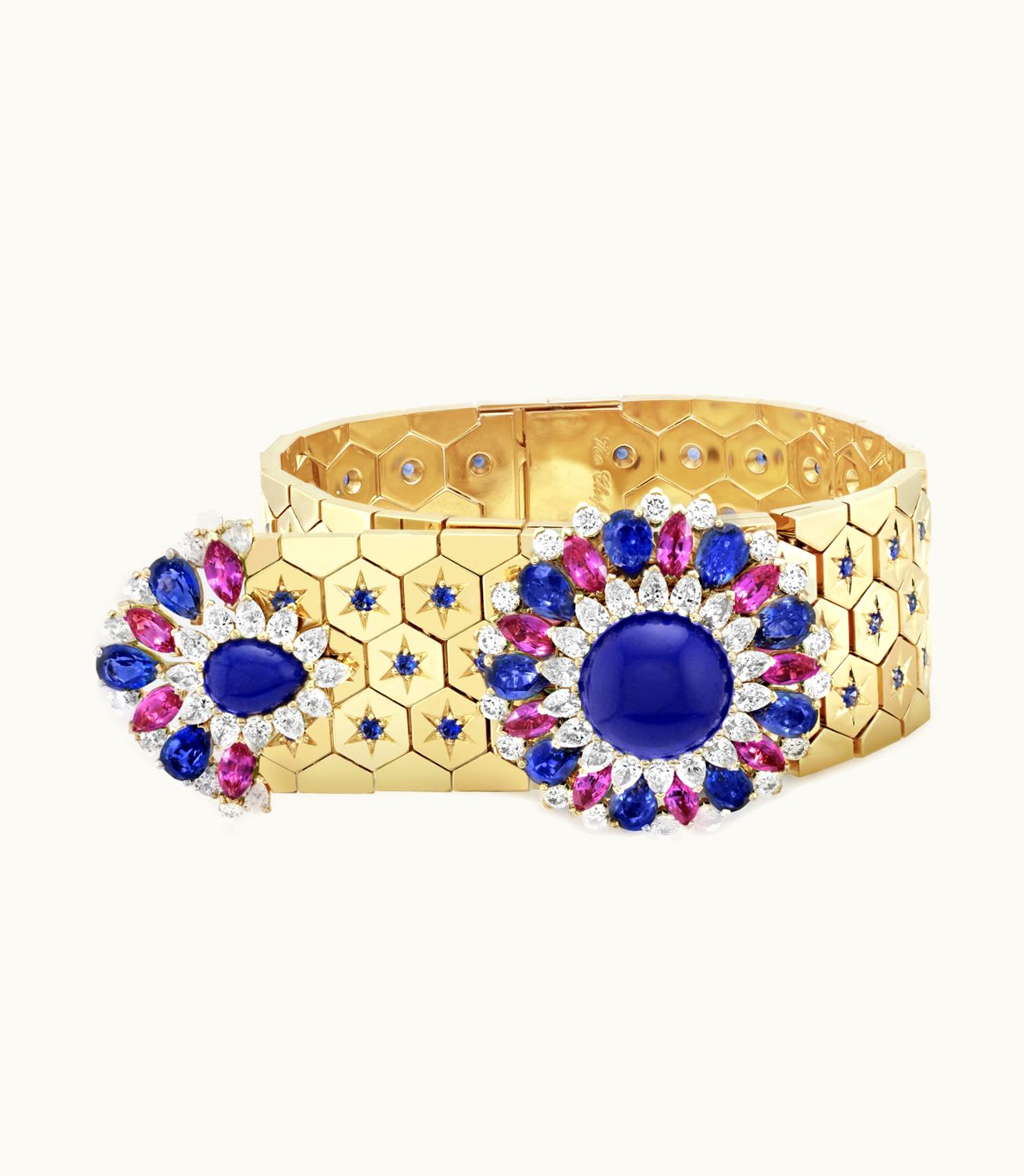 Van Cleef & Arpels Ludo Secret Watch. 18k Yellow Gold, Blue and Pink Sapphires, Lapis Lazuli, White Mother-of-pearl, Diamonds, Quartz Movement