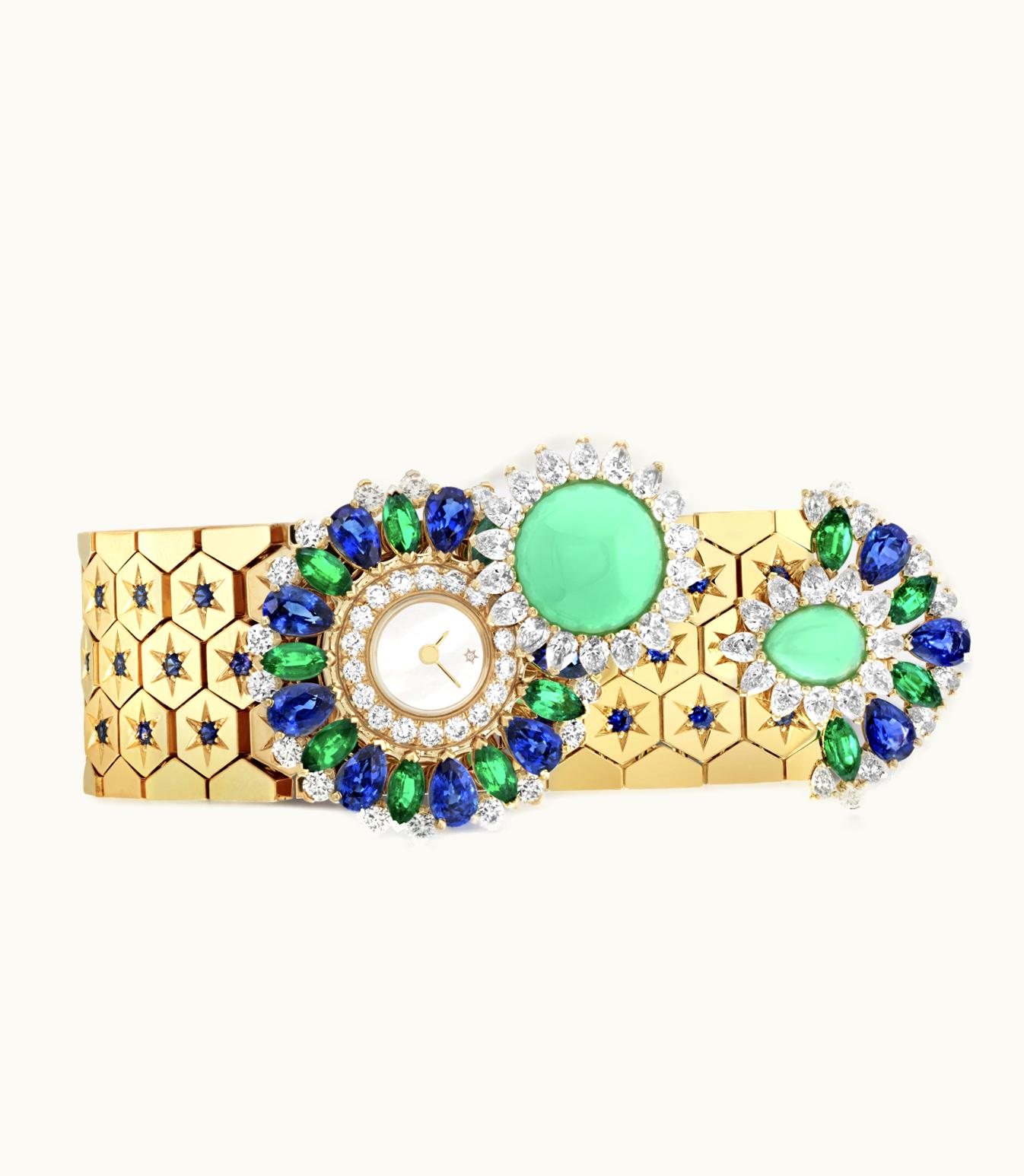 Van Cleef & Arpels Ludo Secret Watch. 18k Yellow Gold, Sapphires, Chrysoprase, Emeralds, White Mother-of-pearl, Diamonds, Quartz Movement