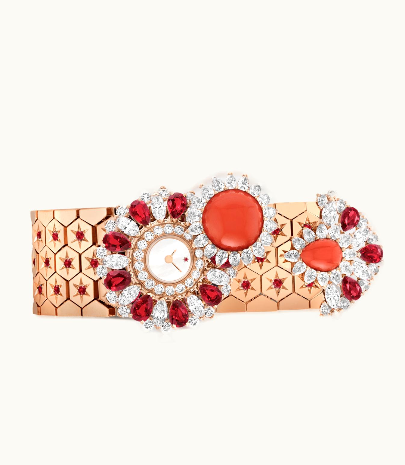 Van Cleef & Arpels Ludo Secret Watch. 18k Rose Gold, Rubies, Coral, White Mother-of-pearl, Diamonds, Quartz Movement
