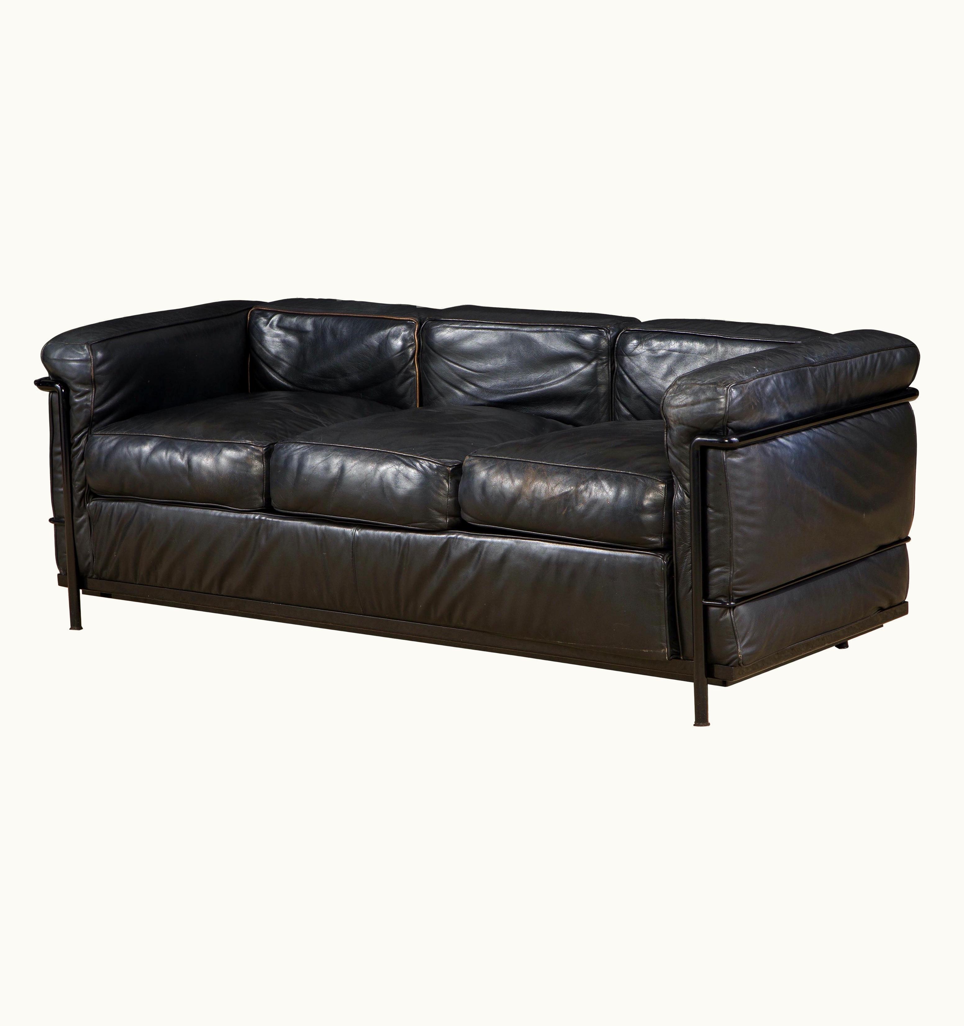 Le Corbusier;Charlotte Perriand;Pierre Jeanneret Le Corbusier;Charlotte Perriand;Pierre Jeanneret Early Year LC2 Black Leather Three-Seat Sofa By Le Corbusier For Cassina, Signed