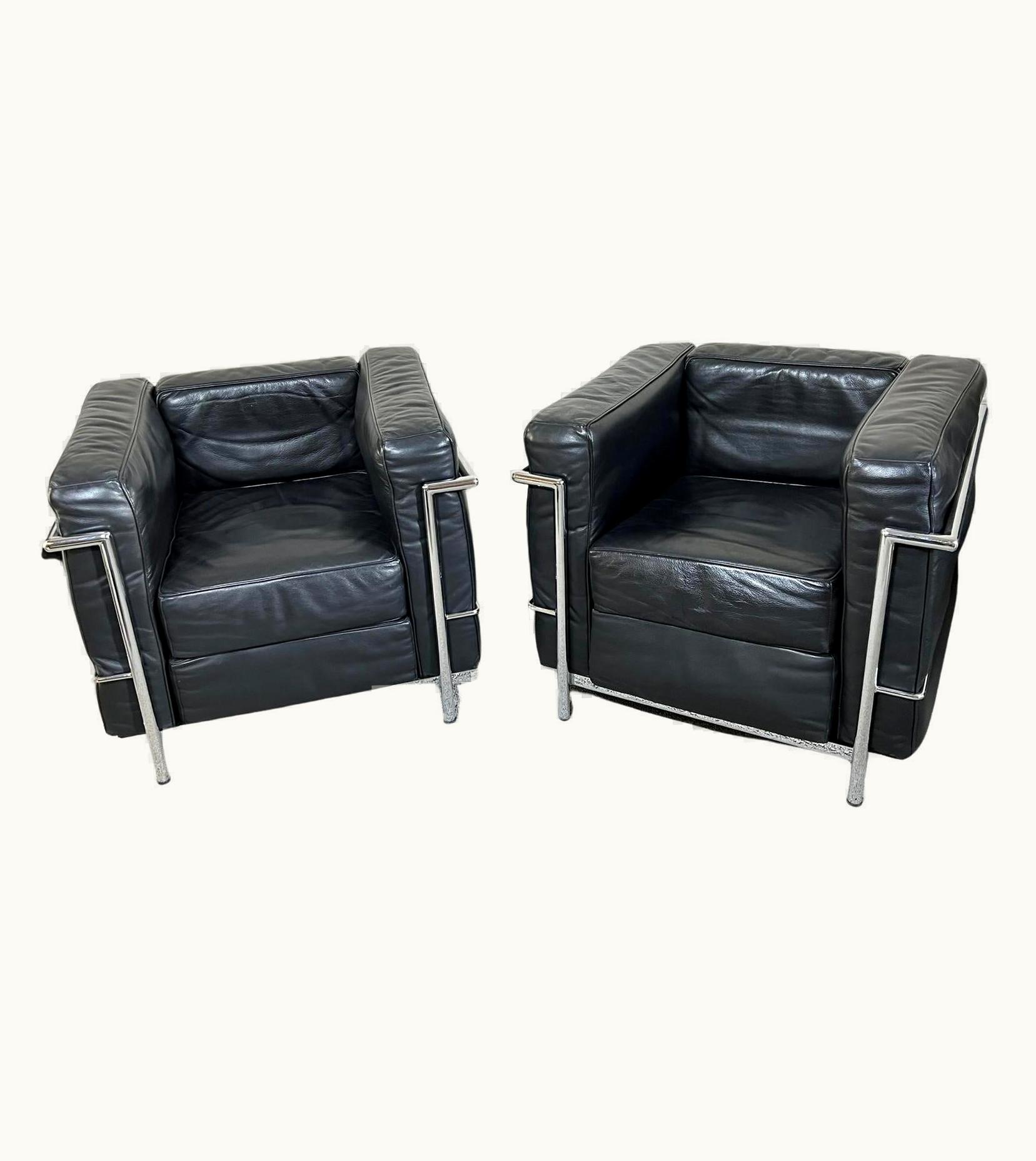 Le Corbusier;Charlotte Perriand;Pierre Jeanneret Le Corbusier;Charlotte Perriand;Pierre Jeanneret LC2 Club Chairs By Le Corbusier, Jeanneret & Perriand, Soft Black Leather