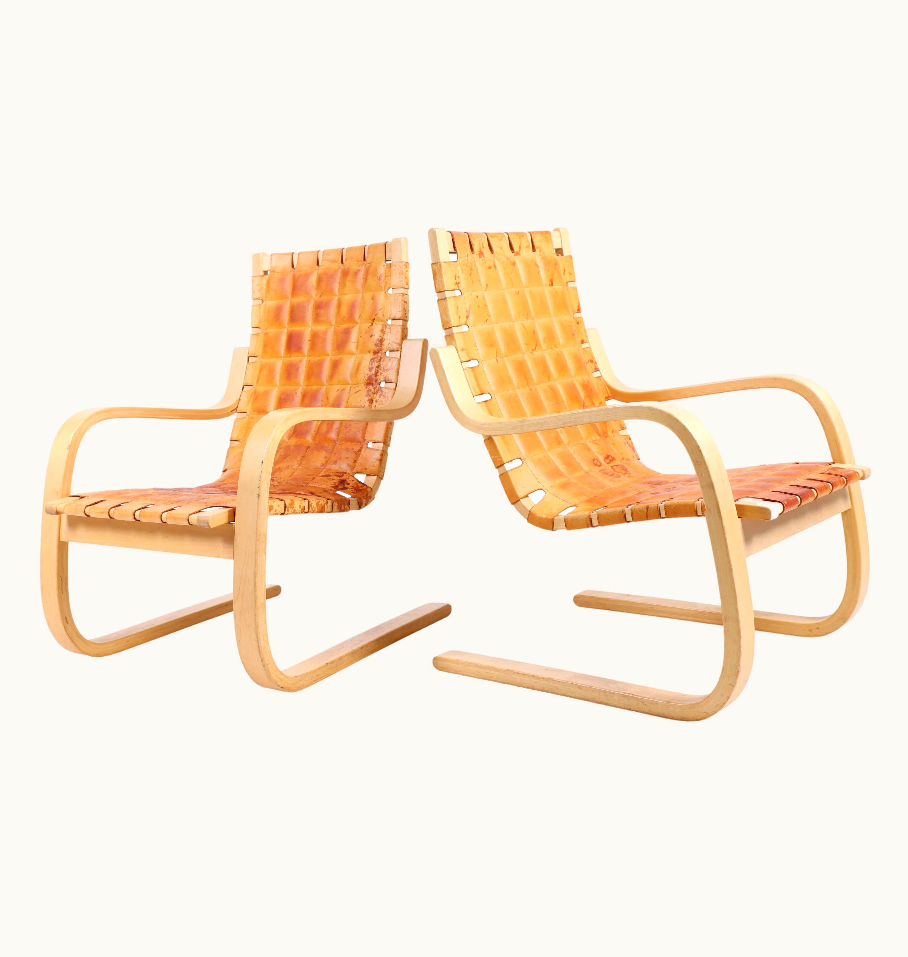 Alvar Aalto Alvar Aalto Pair Of Midcentury Lounge Chairs In Leather By Alvar Aalto, Finland, 1960s