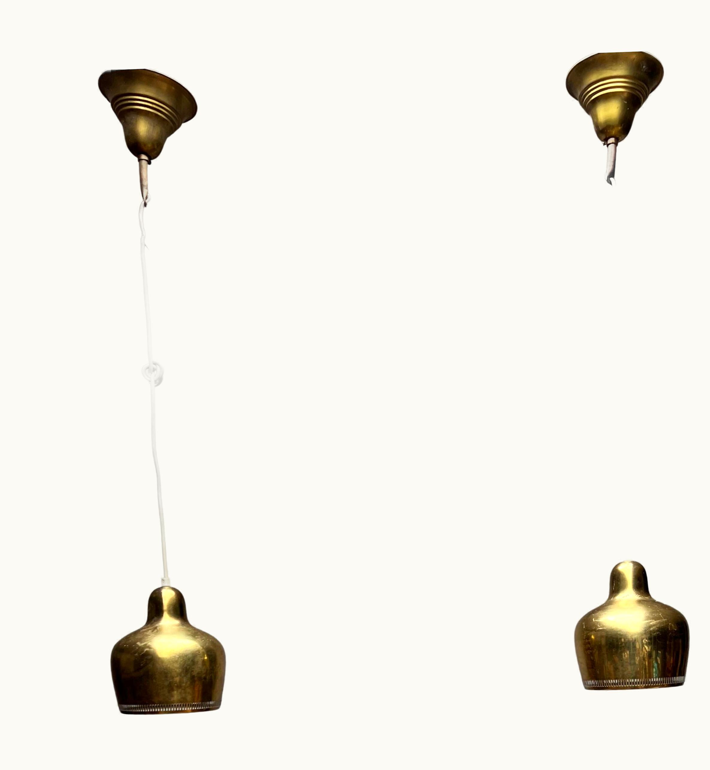Alvar Aalto Alvar Aalto Vintage Pair Original Mid-Century Brass Pendant Lights By Alvar Aalto, 1950s