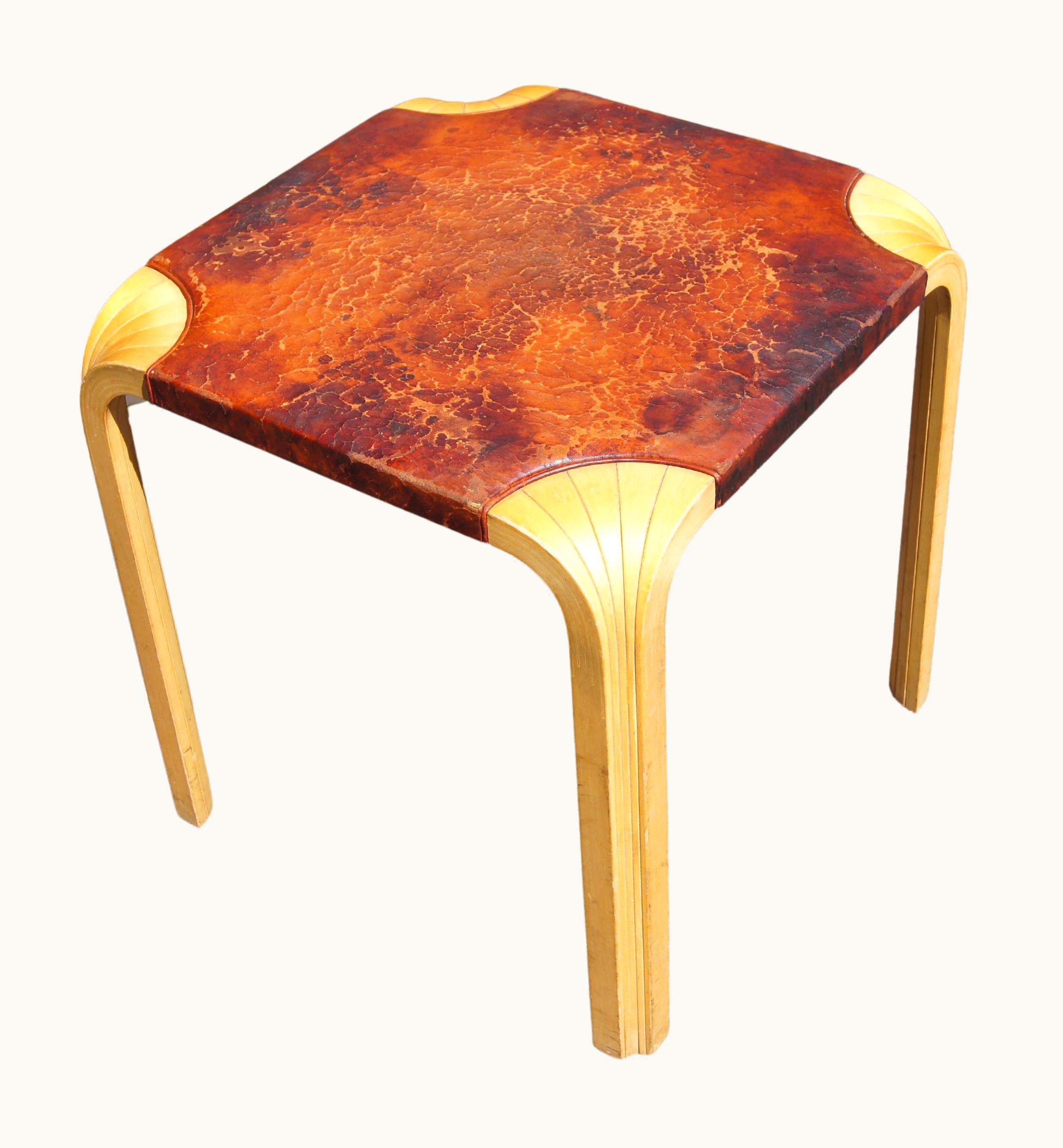 Alvar Aalto Alvar Aalto Fan Leg Side Table, Model X601, In Birch And Leather By Alvar Aalto For Artek