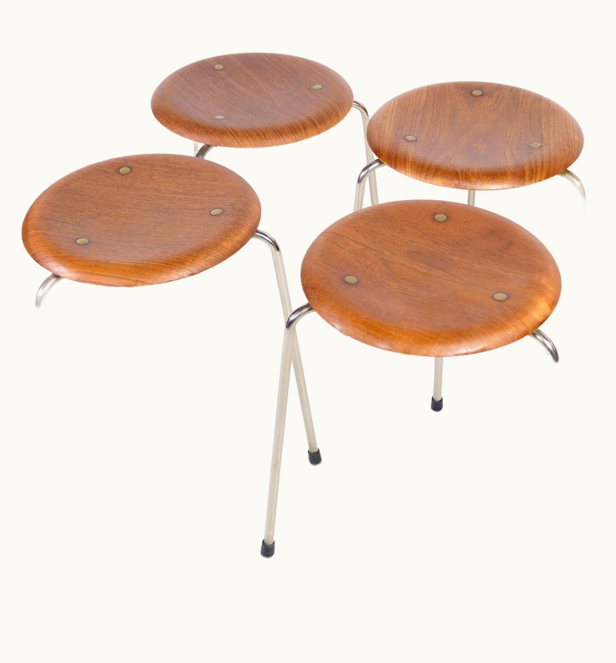 Arne Jacobsen Arne Jacobsen Stool With Three Legs, Chrome-Plated Metal, Teak Veneer Seat, Arne Jacobsen