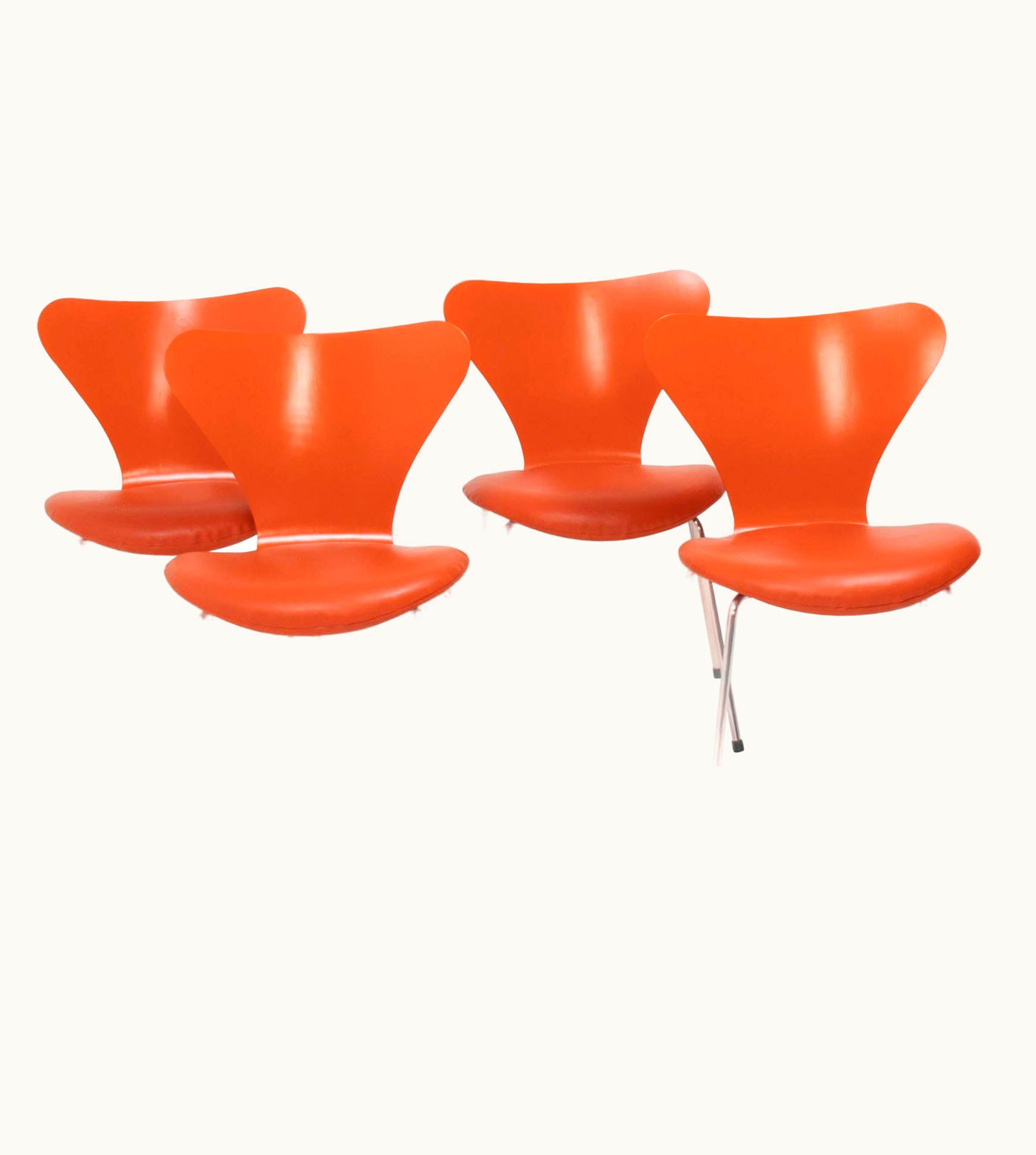 Arne Jacobsen Arne Jacobsen Fritz Hansen By Arne Jacobsen Orange Leather Series 7 Dining Chairs, Set Of 4