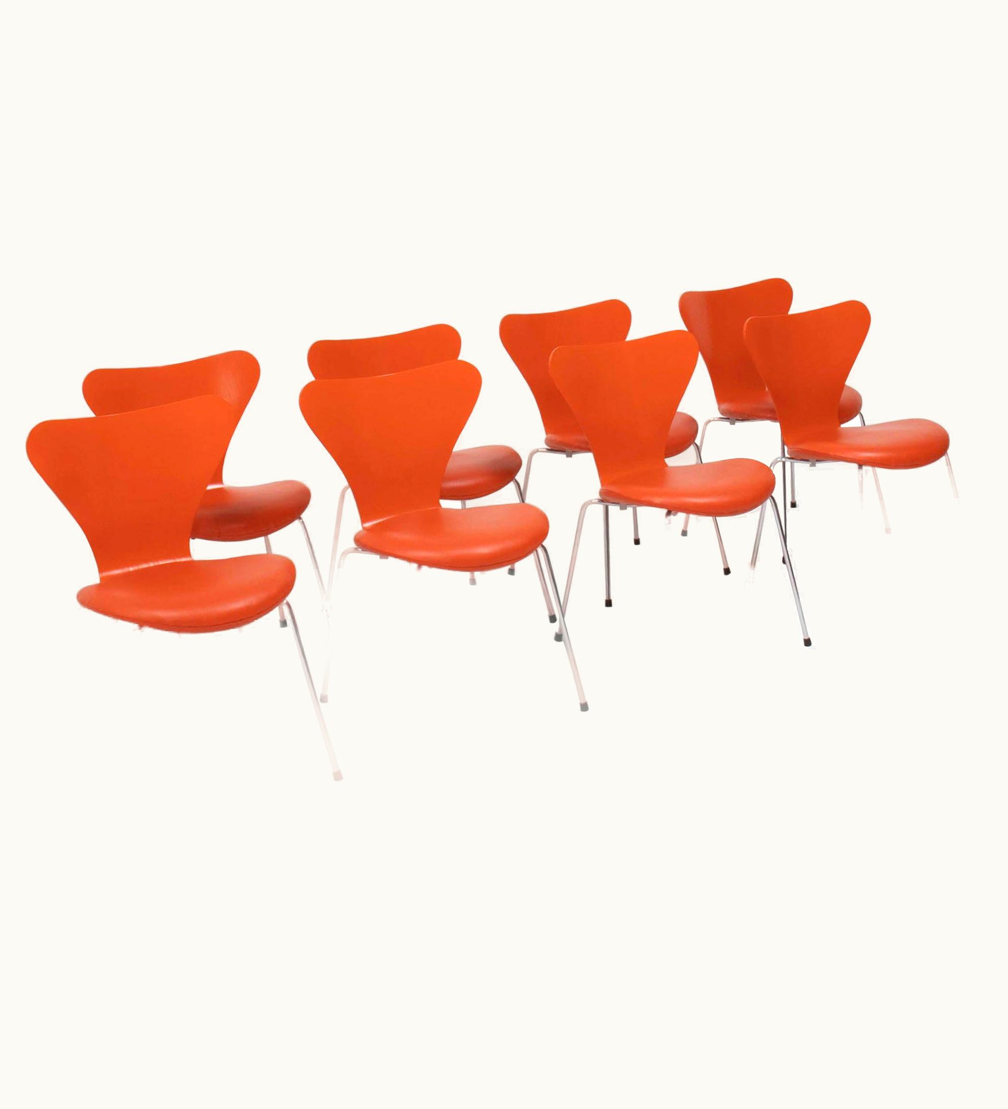 Arne Jacobsen Arne Jacobsen Fritz Hansen By Arne Jacobsen Orange Leather Series 7 Dining Chairs, Set Of 8