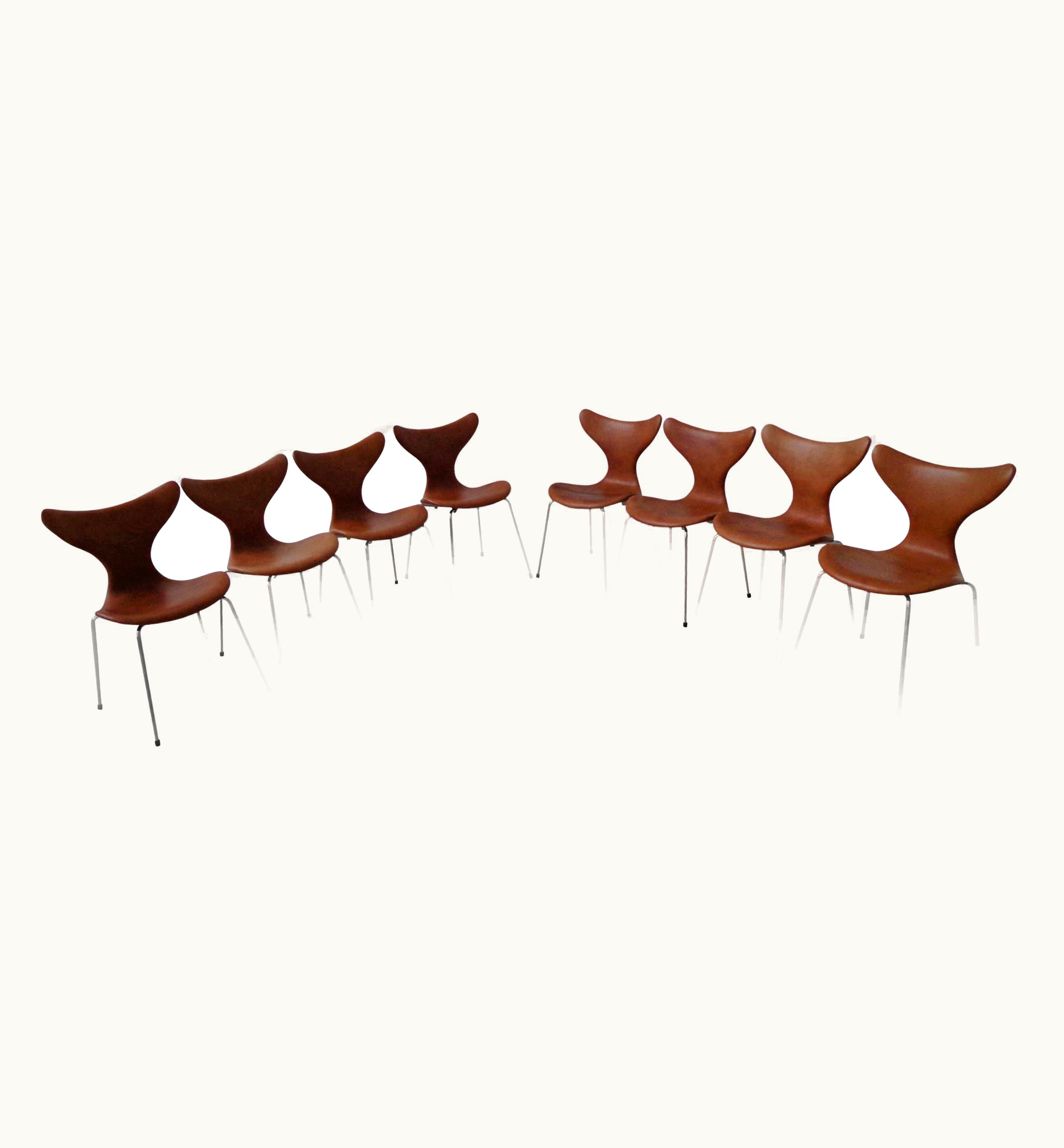 Arne Jacobsen Arne Jacobsen Dining Chairs Cognac Leather Model Lily 1970s Fritz Hansen Denmark