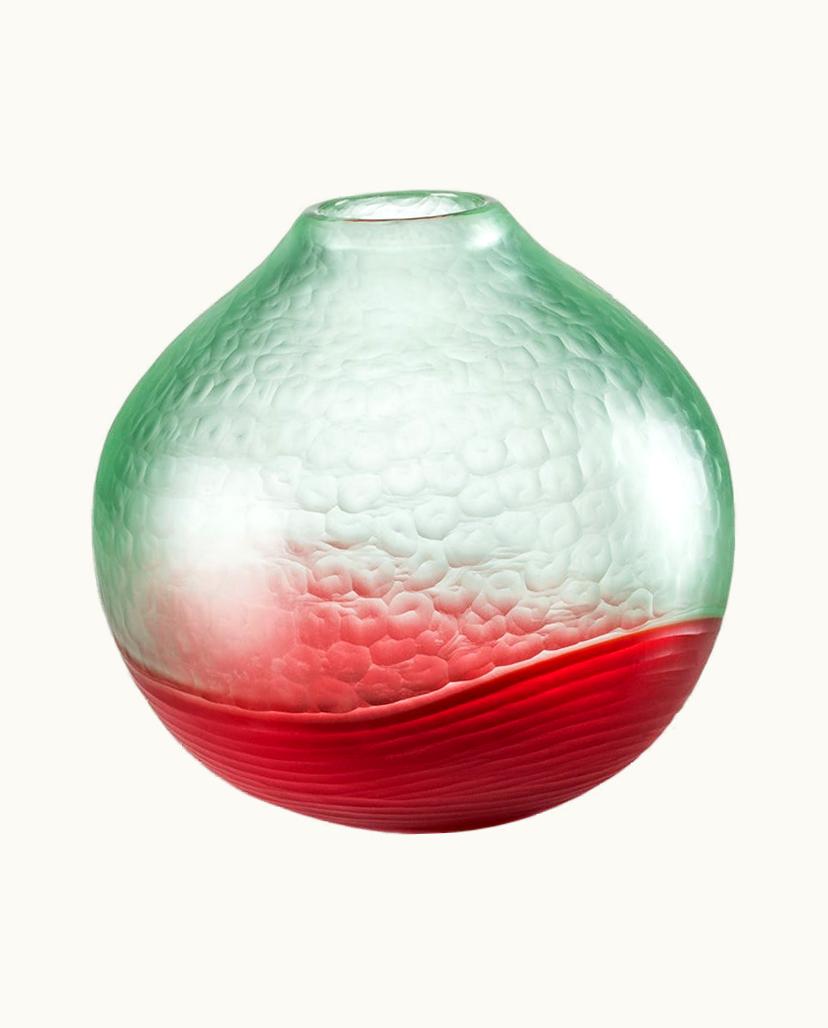 Carlo Scarpa Carlo Scarpa 21st Century Battuto Bicolore Glass Vase In Light Green/Red By Carlo Scarpa