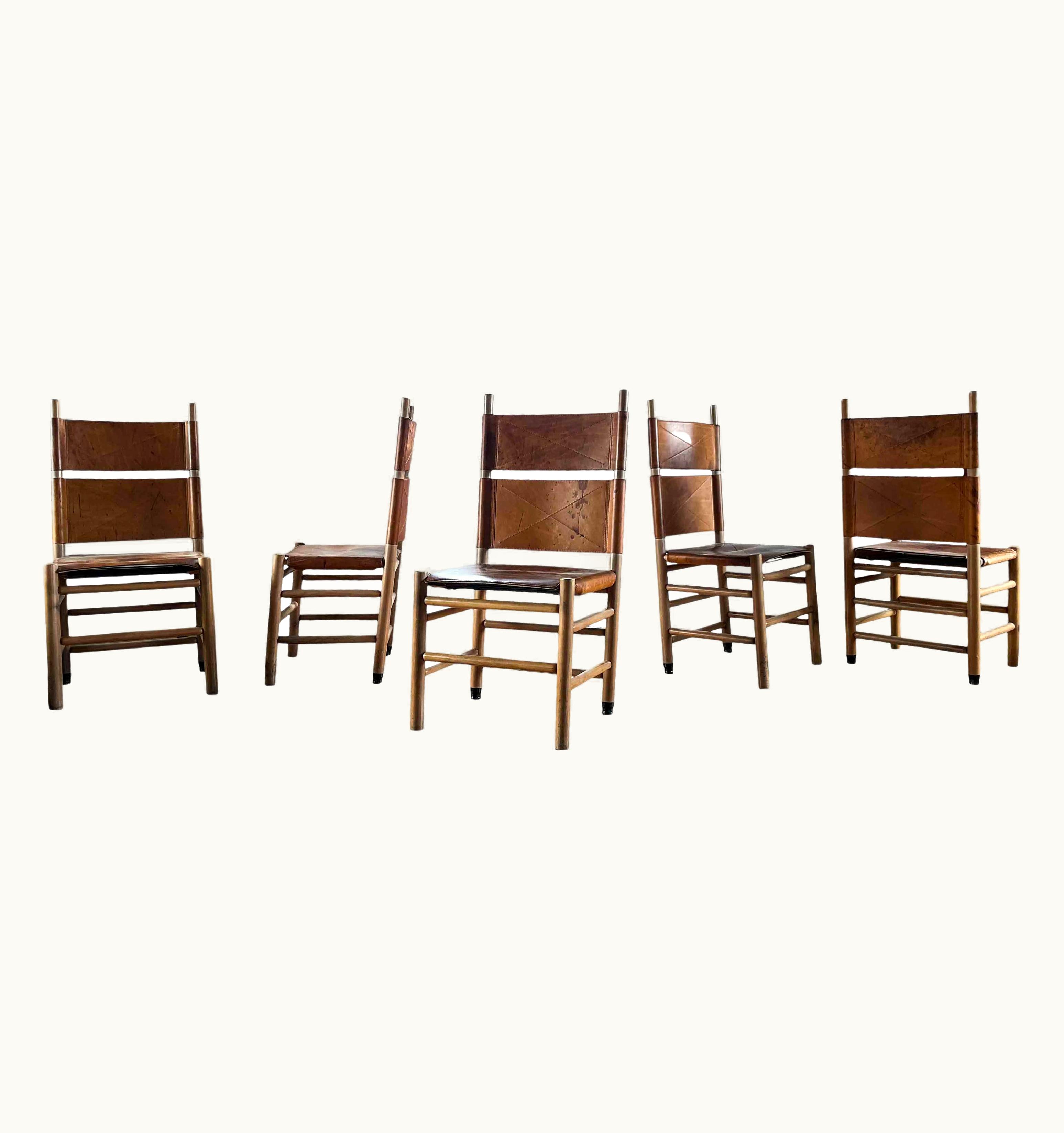 Carlo Scarpa Carlo Scarpa Cognac Leather "Kentucky" Dining Chair For Bernini, 1977, Set Of 5