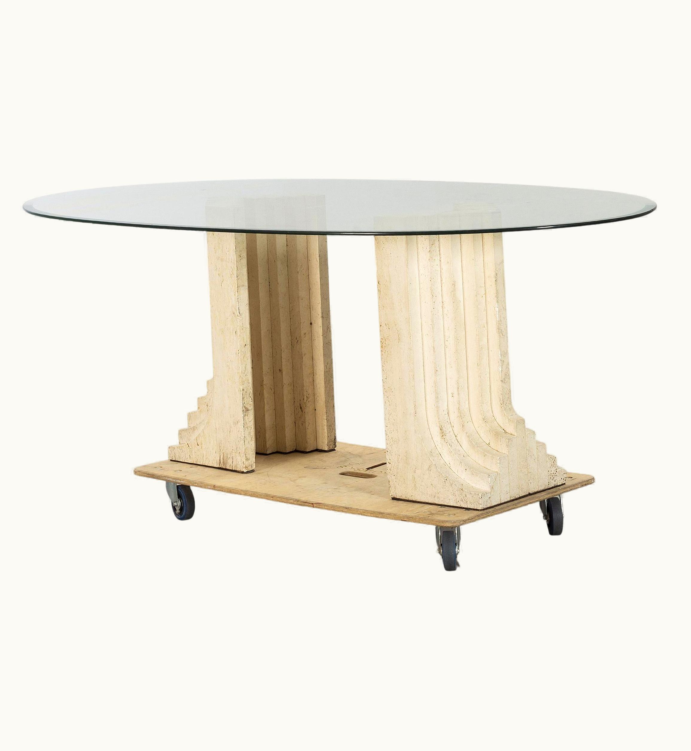 Carlo Scarpa Carlo Scarpa Oval Table Clear Glass And Beige Open Travertine Base Italy 1970