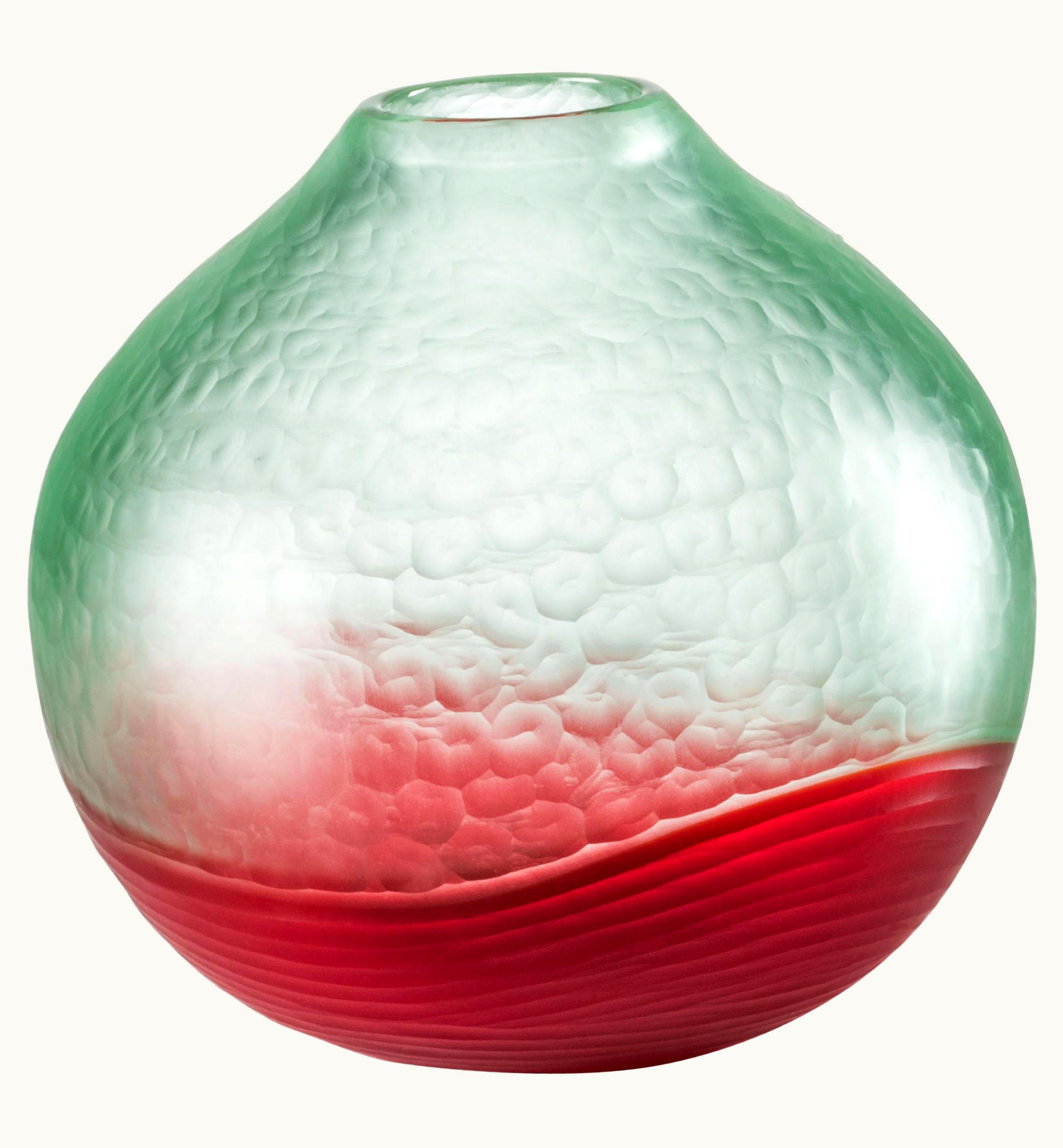 Carlo Scarpa Carlo Scarpa Venini Battuto Multicolor Vase In Light Green & Red By Carlo Scarpa