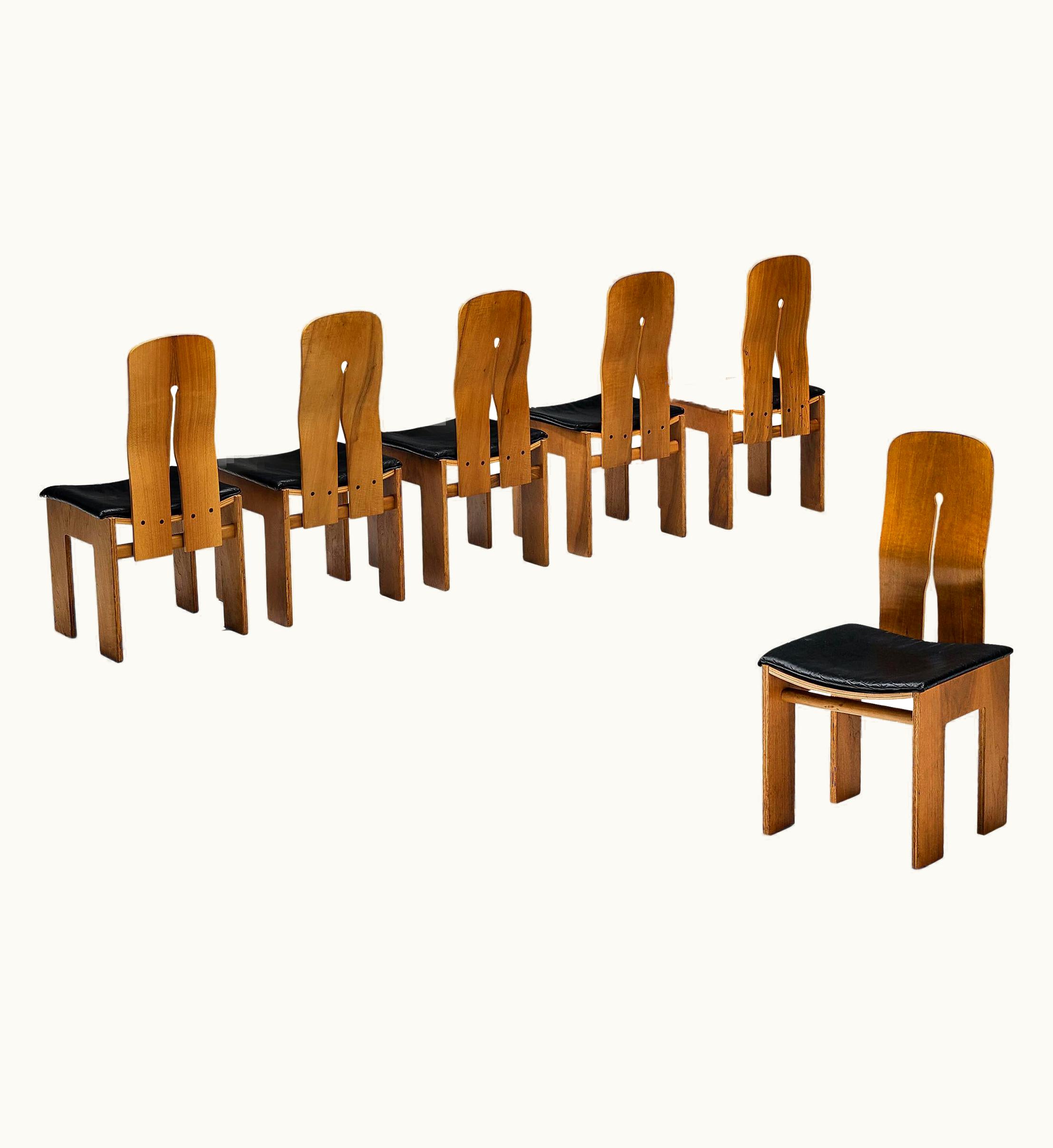 Carlo Scarpa Carlo Scarpa For Bernini Set Of Six Dining Chairs In Walnut And Leather