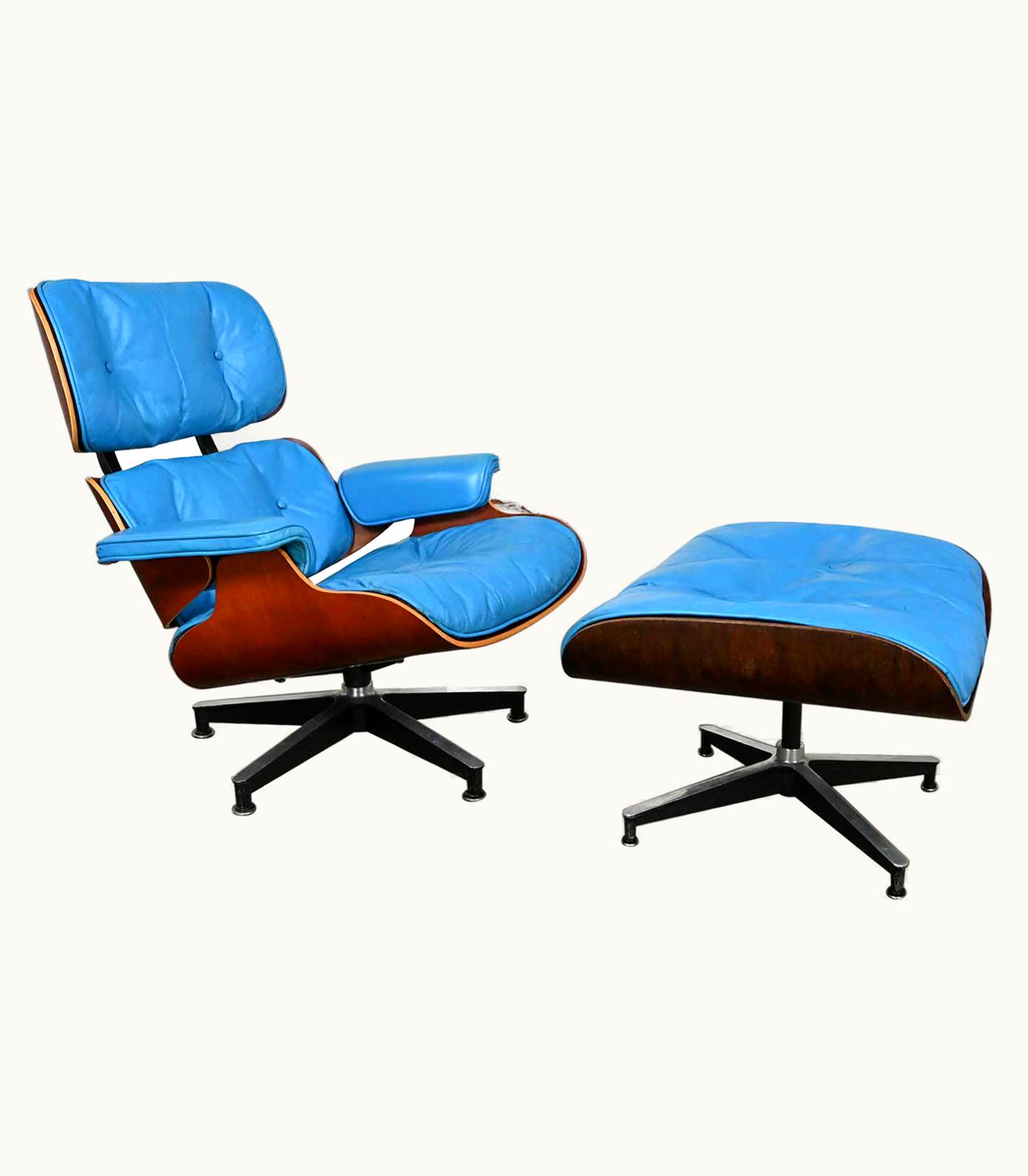 Charles and Ray Eames Charles and Ray Eames 670 Lounge Chair 671 Ottoman Blue Leather Walnut Rosewood Herman Miller