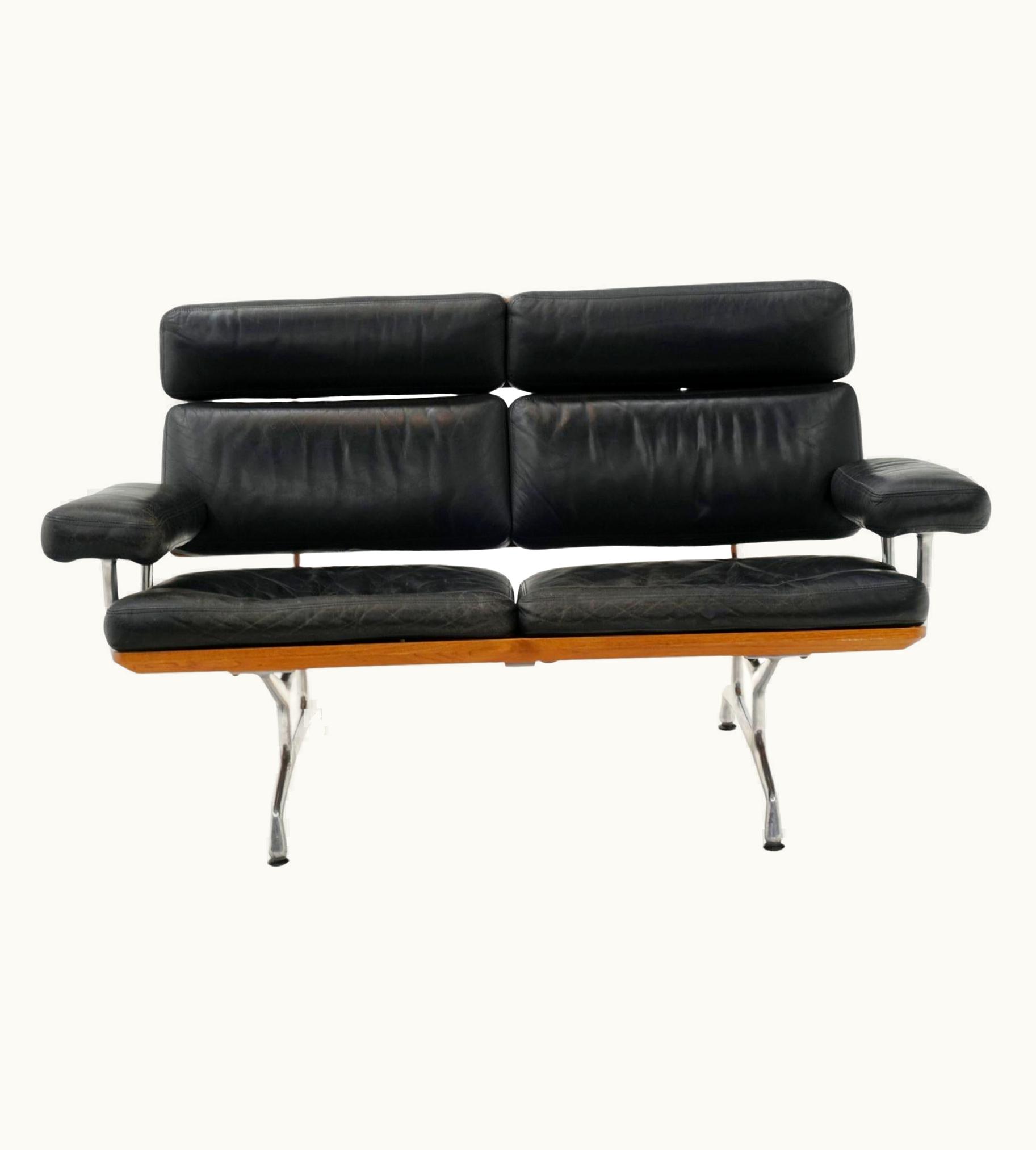 Charles and Ray Eames 2 Seat Sofa Settee By Charles And Ray Eames, Teak And Black Leather