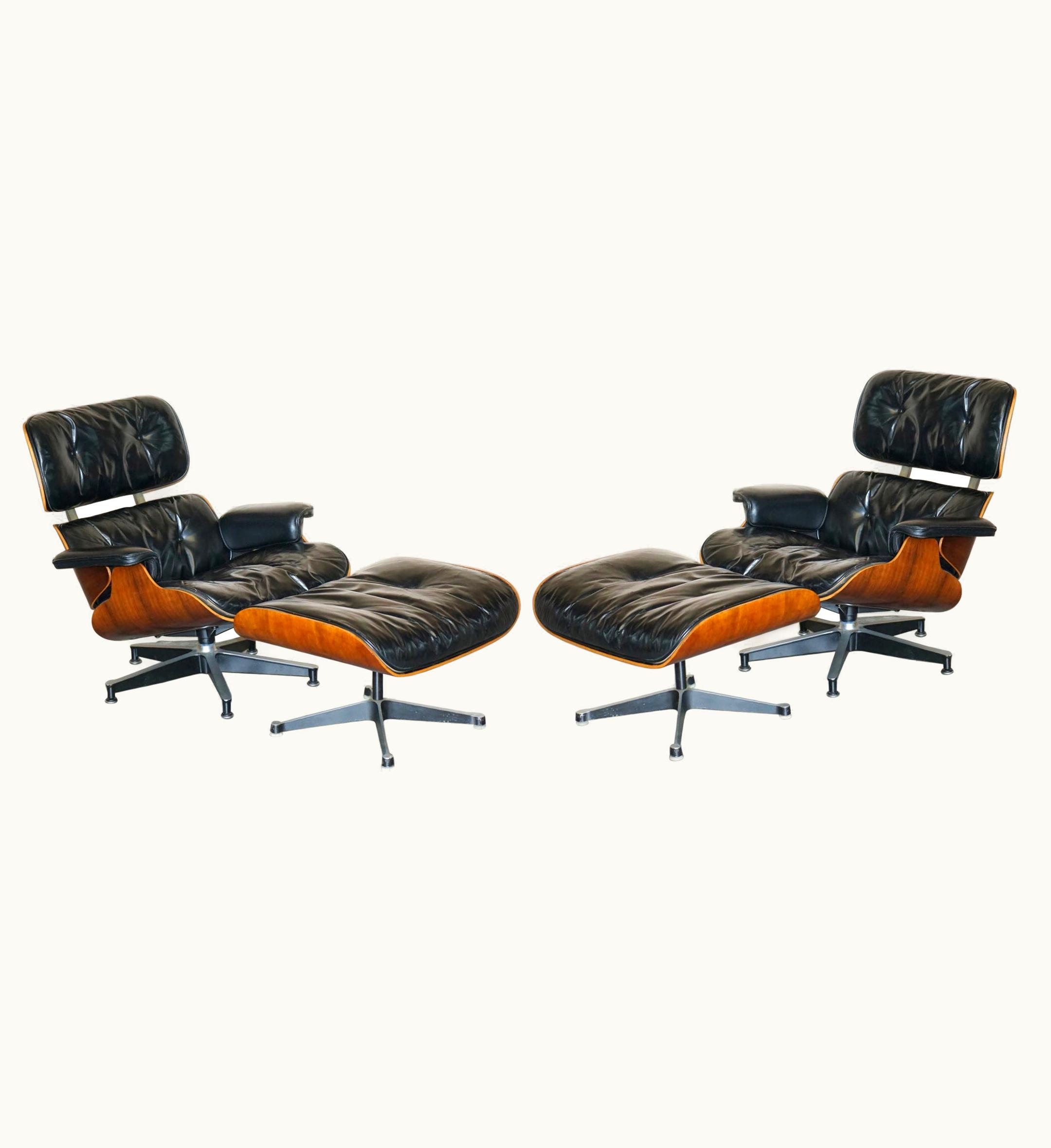 Charles Eames;Charles and Ray Eames Restored Pair Of 1960 Herman Miller No1 Hardwood Eames Lounge Armchairs Ottomans