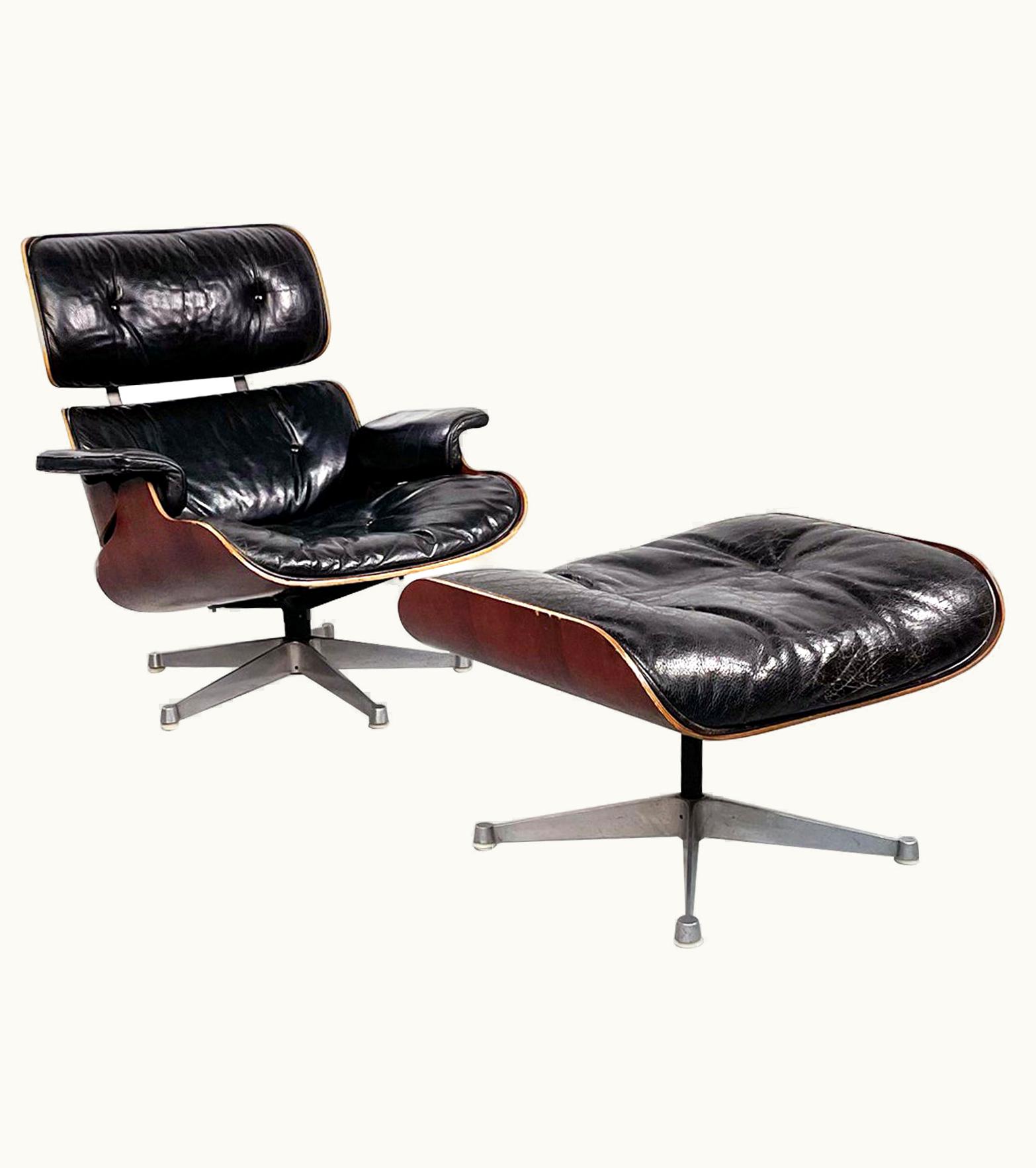 Charles and Ray Eames American Black Leather Wooden Lounge Chair 670 671 By Eames For Miller, 1970s