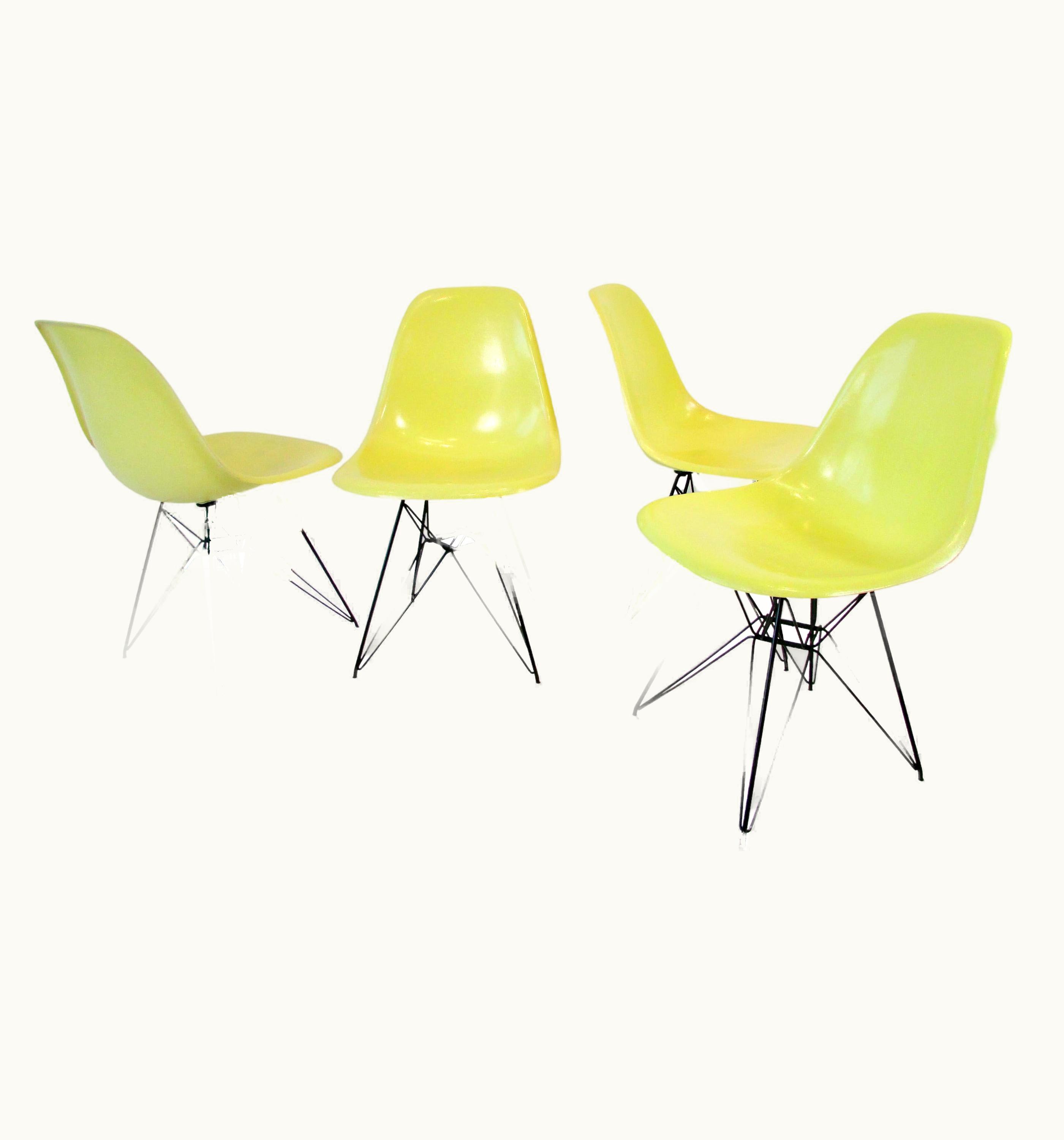 Charles and Ray Eames Charles and Ray Eames Set Of Four VIvid Yellow Fiberglass Eames DSR Chairs On Black Eiffel Tower Bases