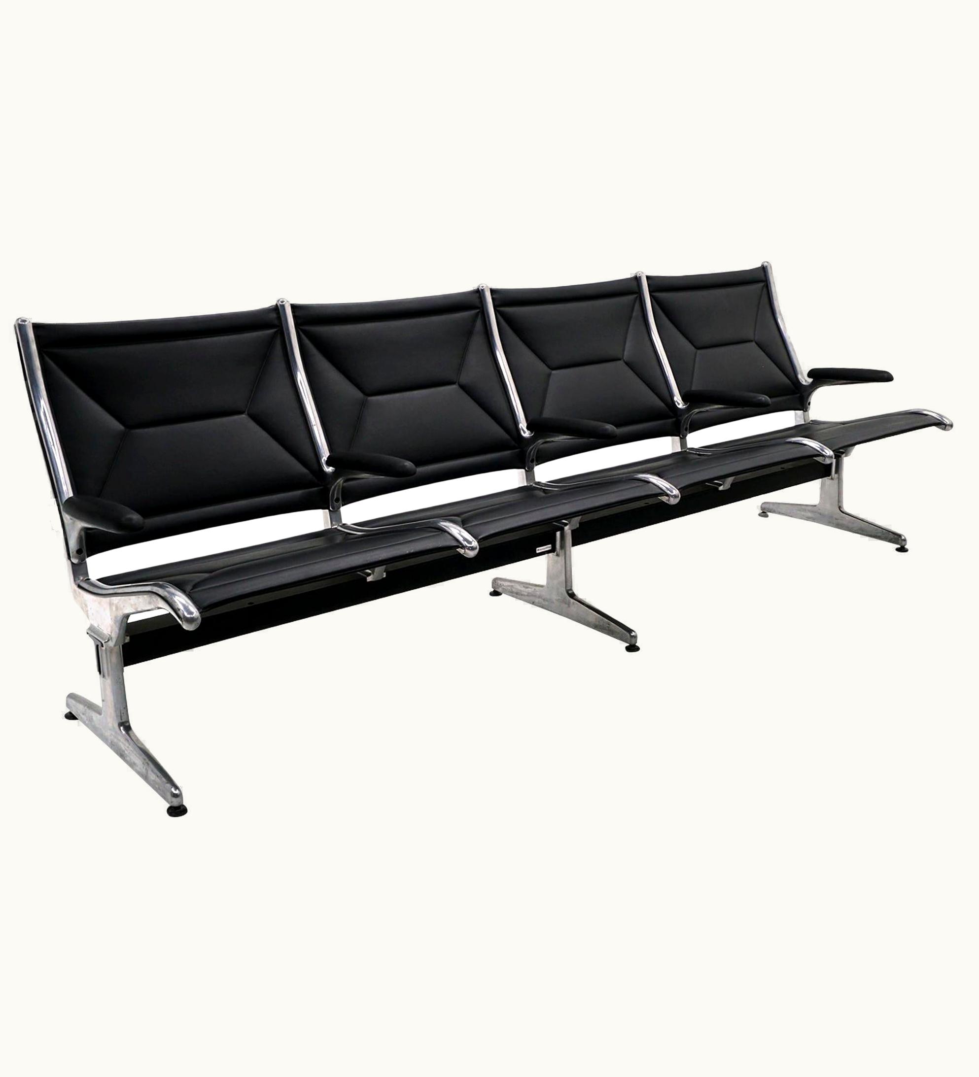 Charles and Ray Eames Tandem Airport Seating For Four By Charles & Ray Eames, Black Leather, Aluminum