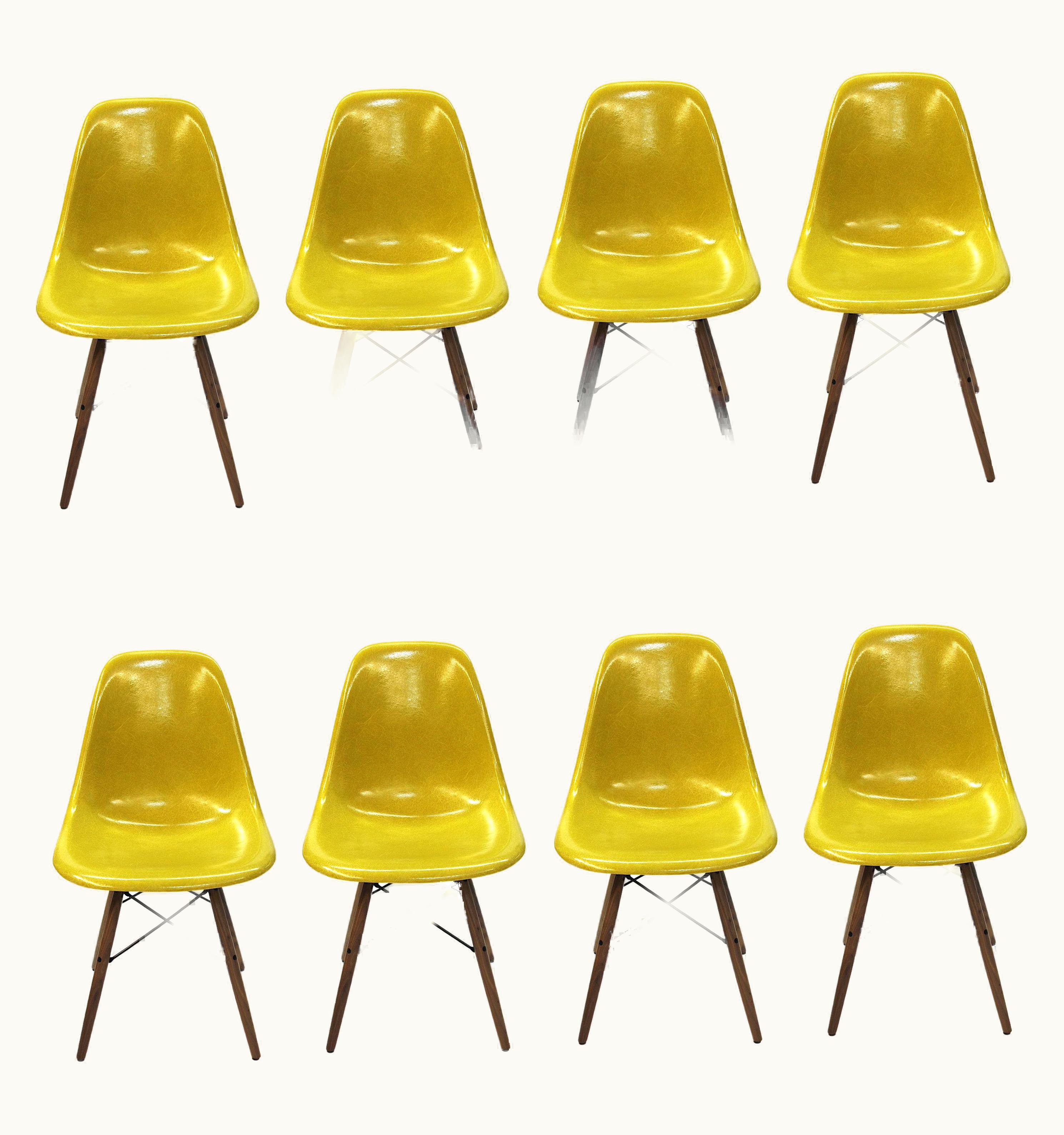 Charles and Ray Eames Set Of 8 Mid Century Modern Mustard Yellow Dowel Base Eames Dining Shell Chairs