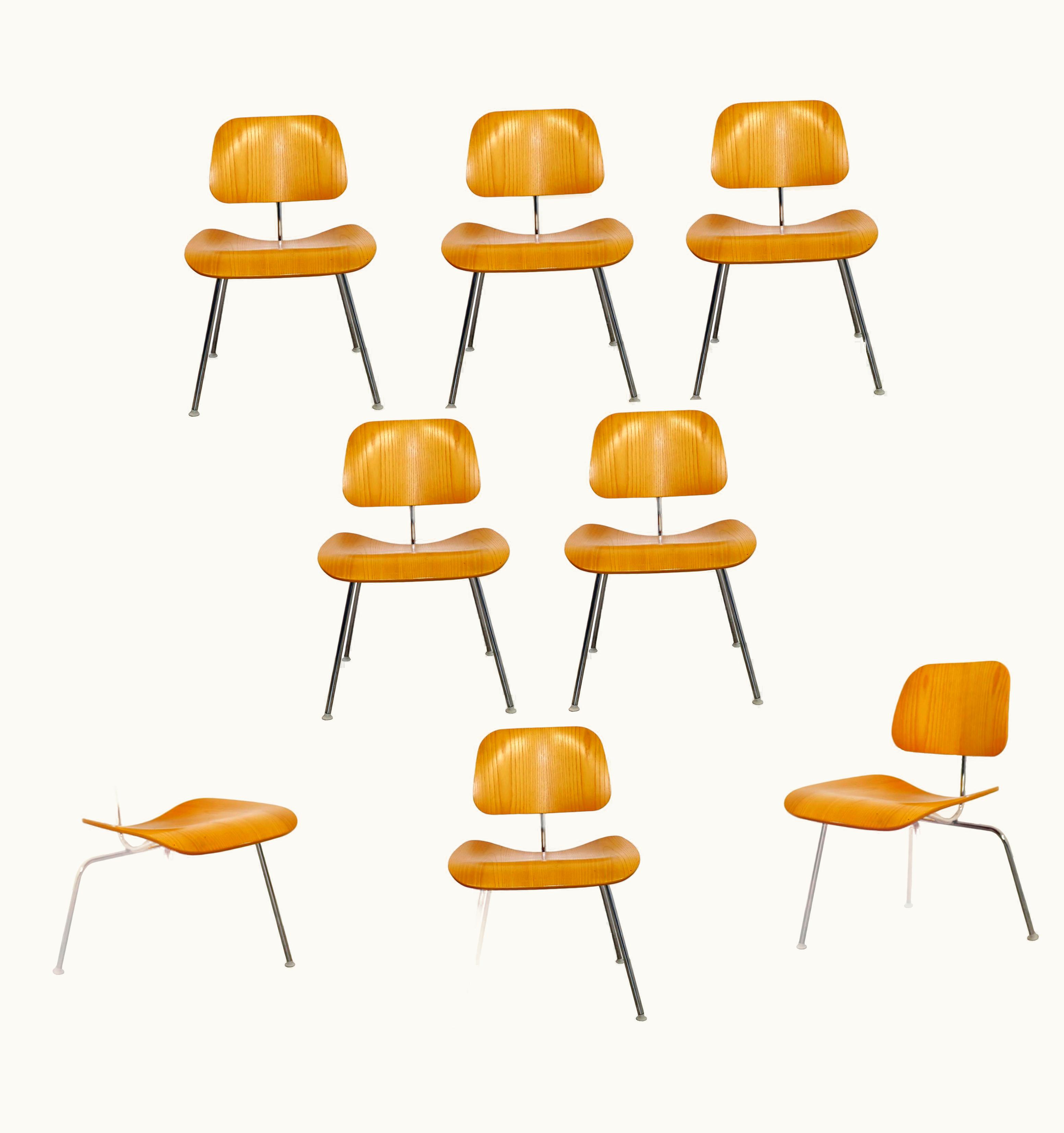 Charles and Ray Eames Charles and Ray Eames Modernist Set Of 8 Eames For Herman Miller DCW Chrome Wood Chairs, 2000s