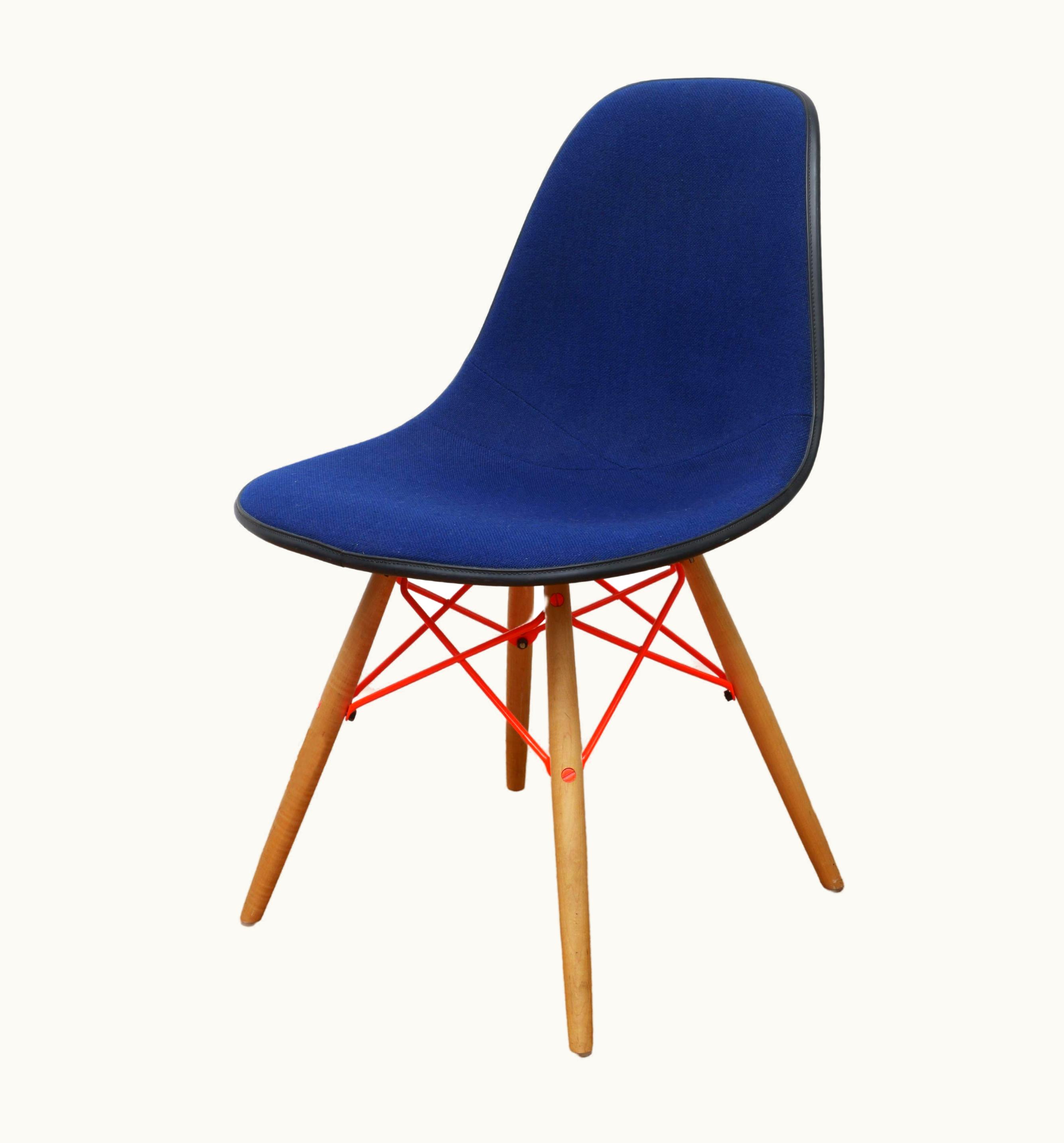 Charles and Ray Eames Charles and Ray Eames For Herman Miller Rare Fiberglass Upholstered Blue And Orange Dining Chair