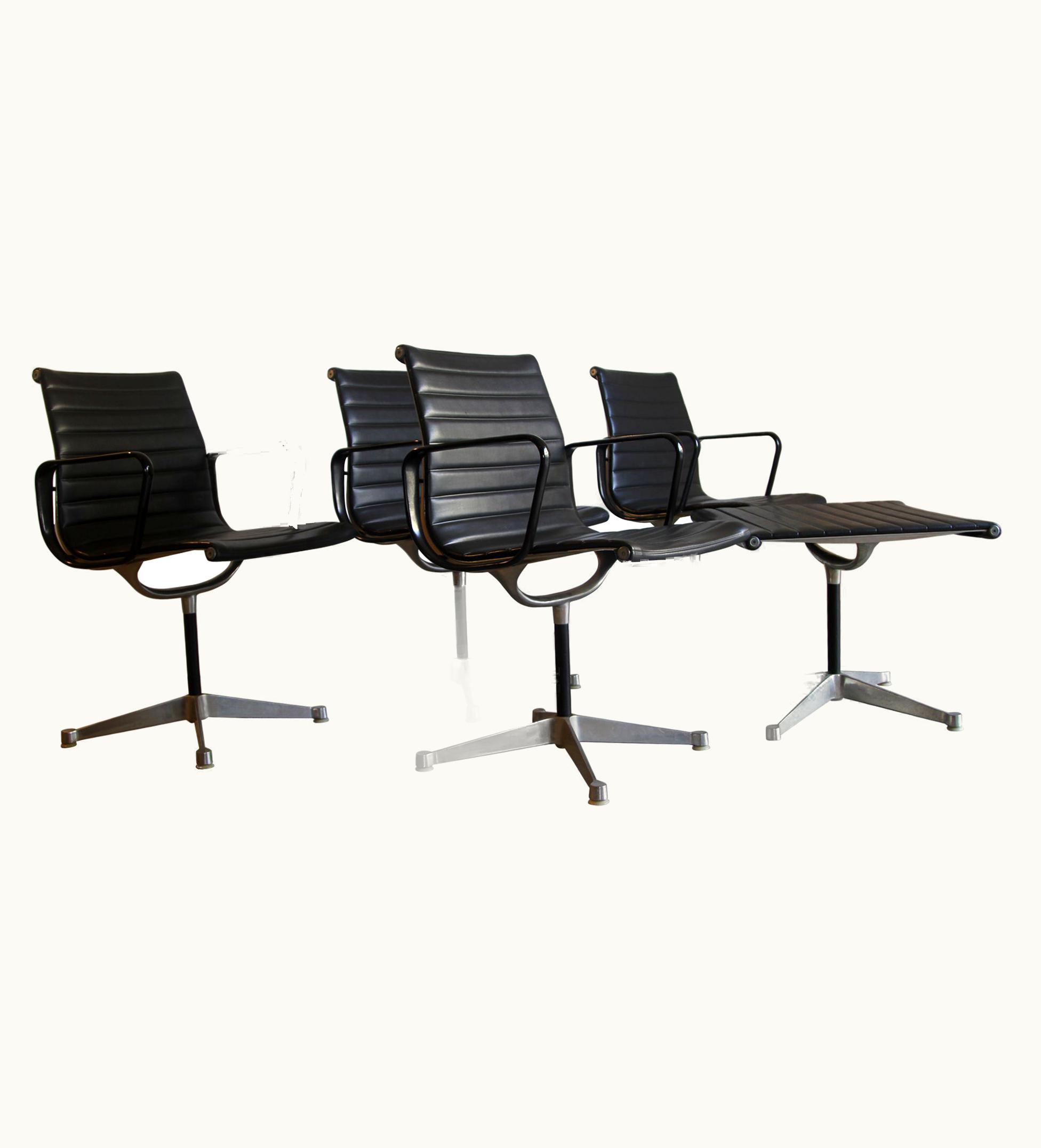 Charles and Ray Eames Charles and Ray Eames Aluminum Group Black Leather Chairs Herman Miller 4 Available