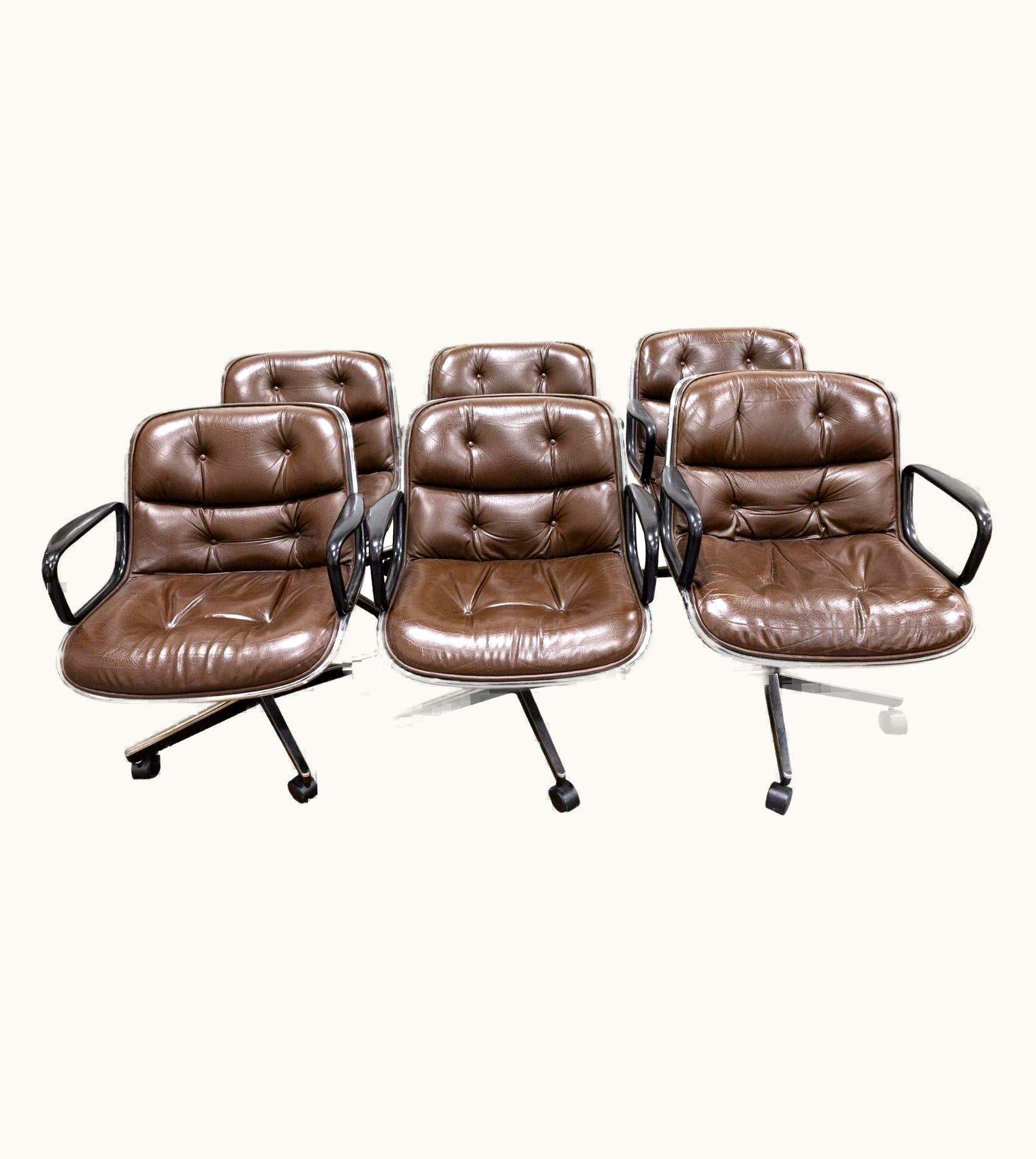 Charles Pollock Set Of 6 Charles Pollack For Knoll Brown Leather Executive Rolling Chairs