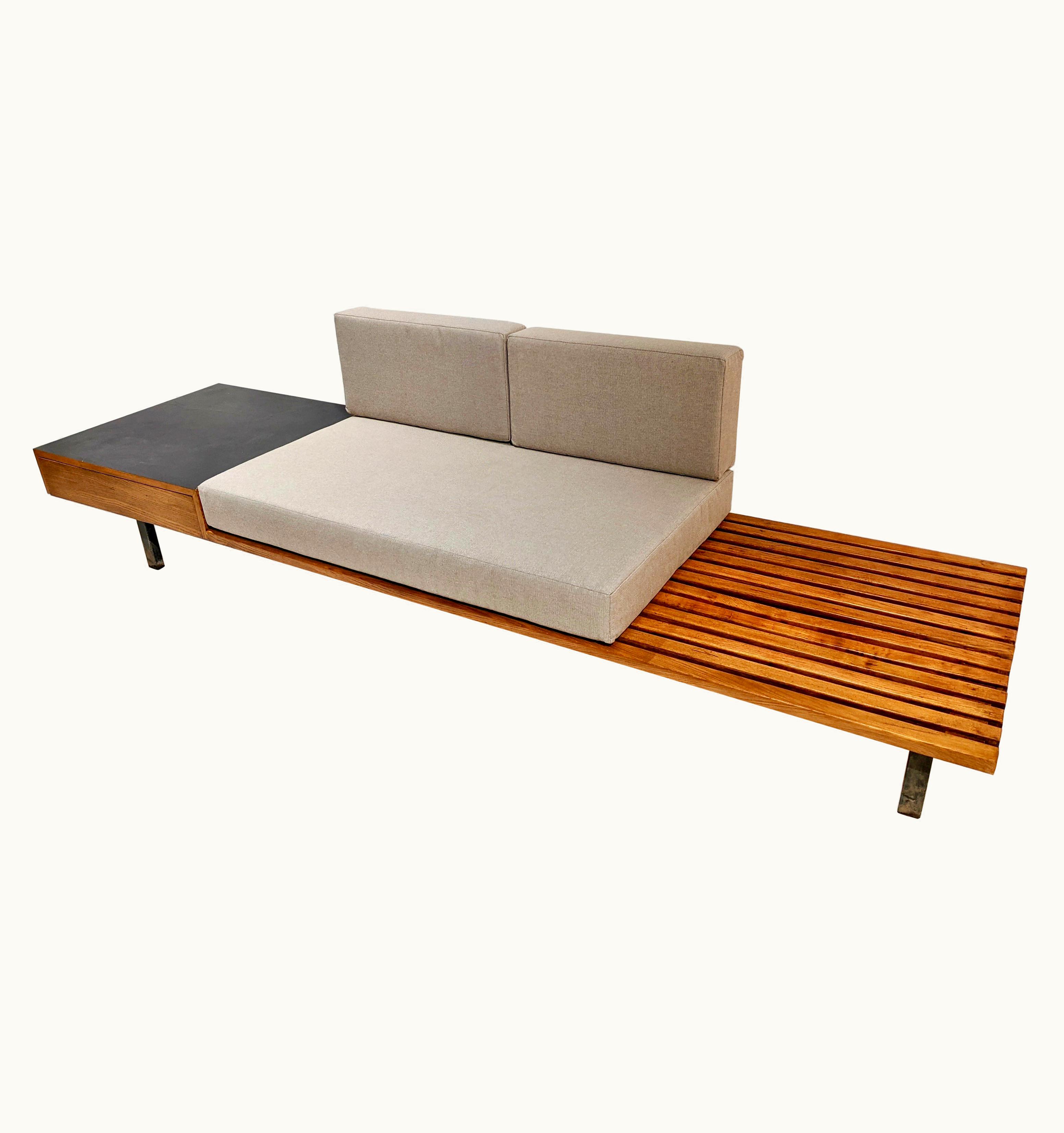 Charlotte Perriand Charlotte Perriand Cansado Bench With Drawer And Cushion In Grey Fabric By Charlotte Perriand