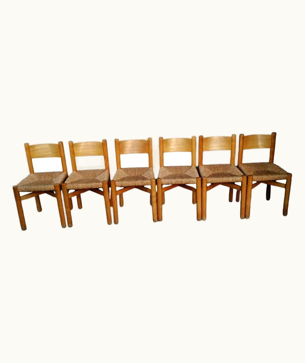 Charlotte Perriand Charlotte Perriand Set Of 6 Meribel Straw Dining Chairs By Charlotte Perriand, France, Circa 1950s