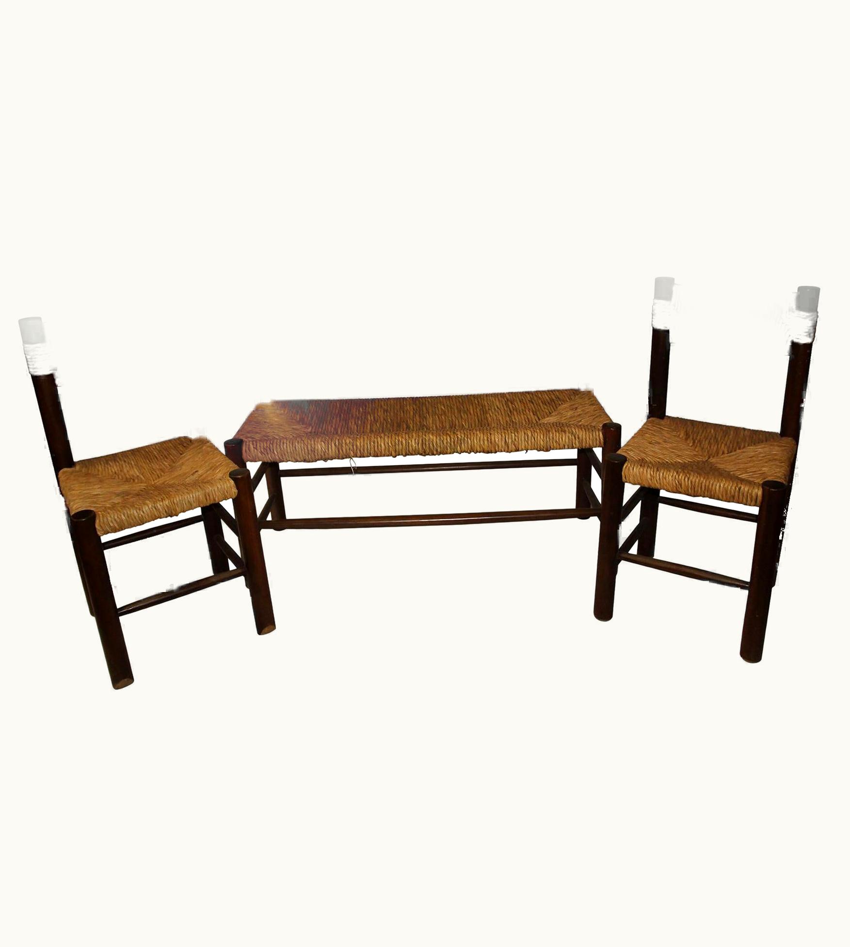 Charlotte Perriand Charlotte Perriand, Set Of One Bench And Pair Of Chairs, Wood And Rattan