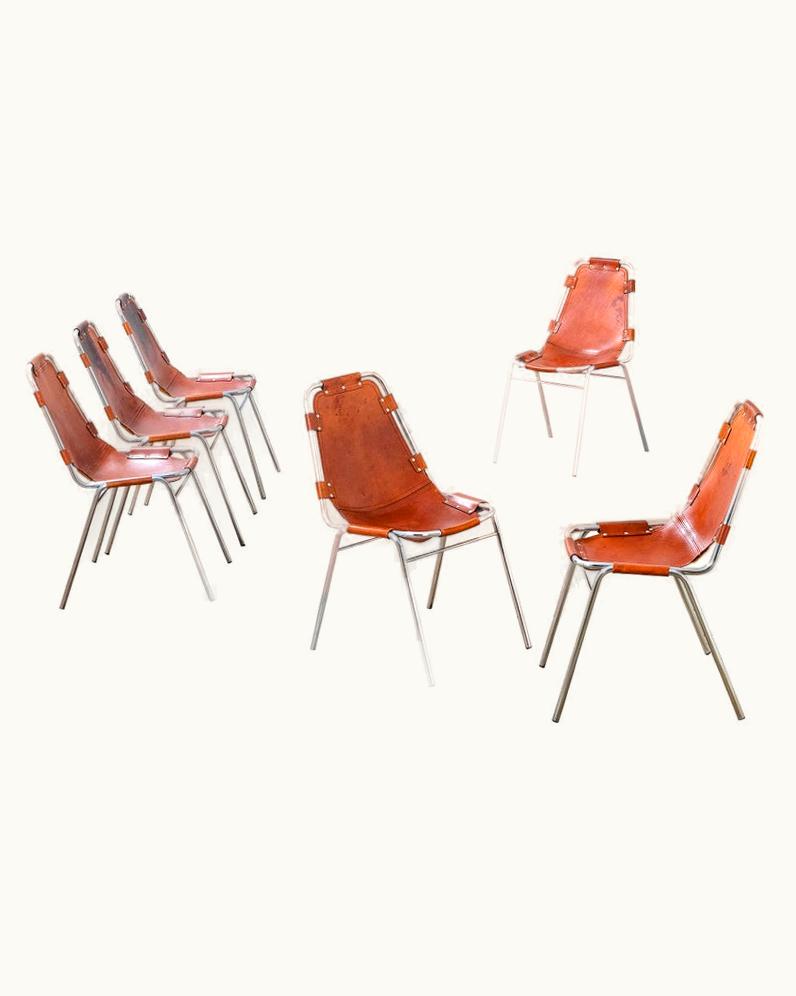 Charlotte Perriand Charlotte Perriand 20th Century Charlotte Perriand Set Six Chairs Les Arcs In Leather Metal, 60s