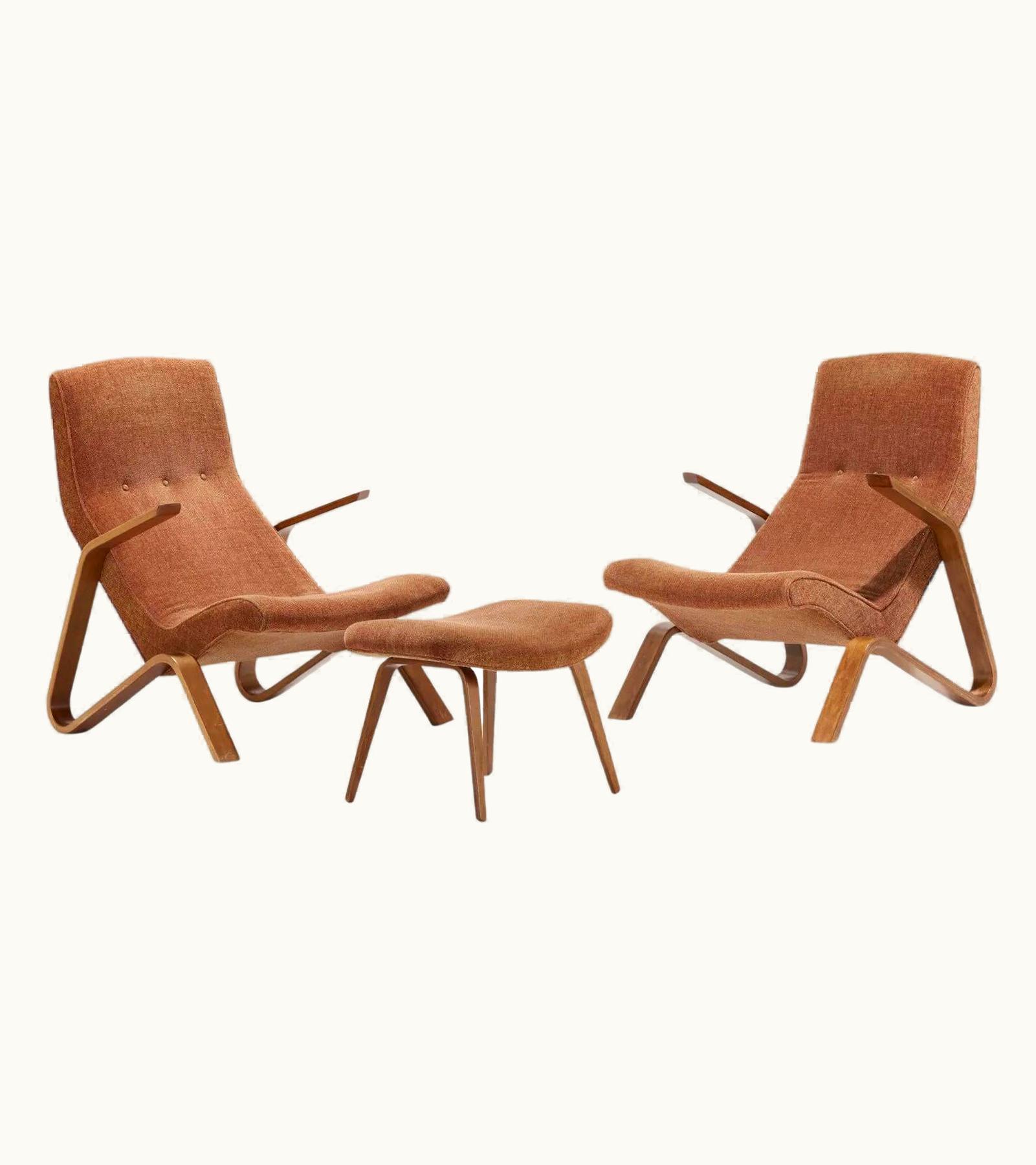 Eero Saarinen Eero Saarinen Pair Of Grasshopper Chairs And Ottoman Vintage Wood & Upholstery