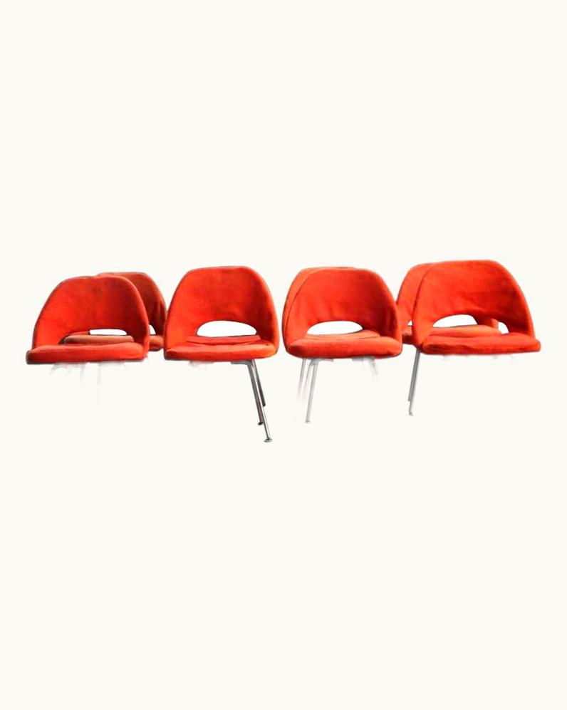 Eero Saarinen Eero Saarinen Set Of 8, Mid-Century Modern Steel Chrome & Orange Wool Chairs, 1960s
