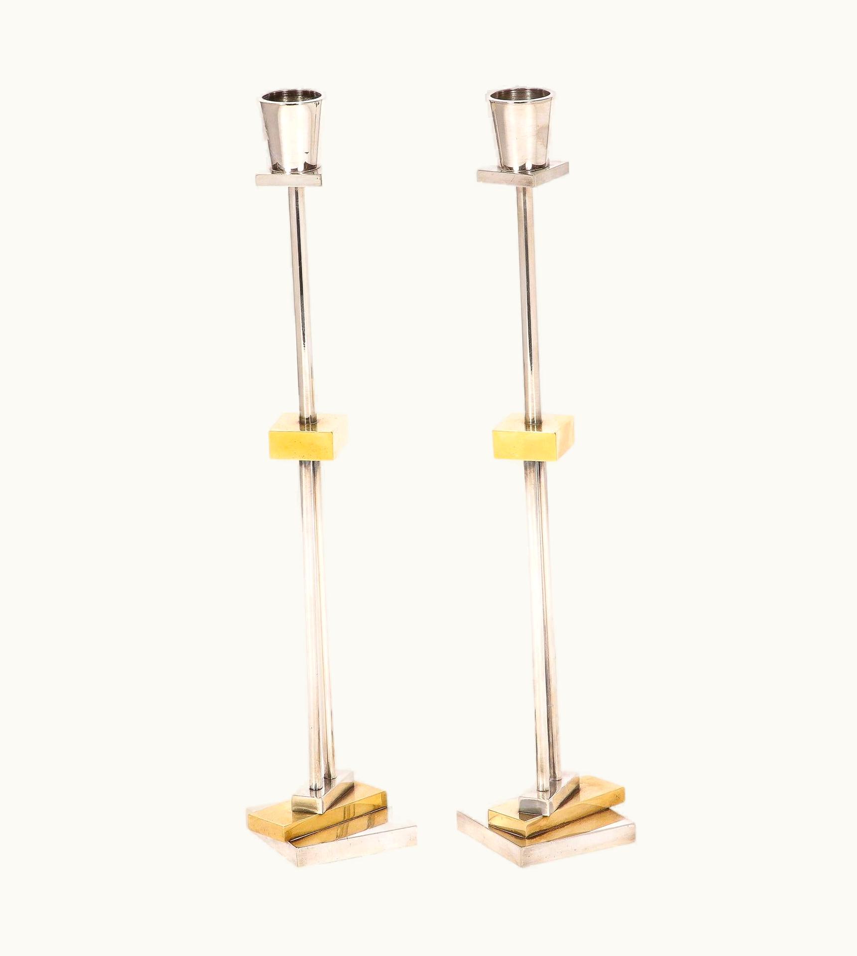 Ettore Sottsass Ettore Sottsass Pair Of Silver Plate & Brass Candlesticks By Ettore Sottsass For Swid Powell UZ0190359