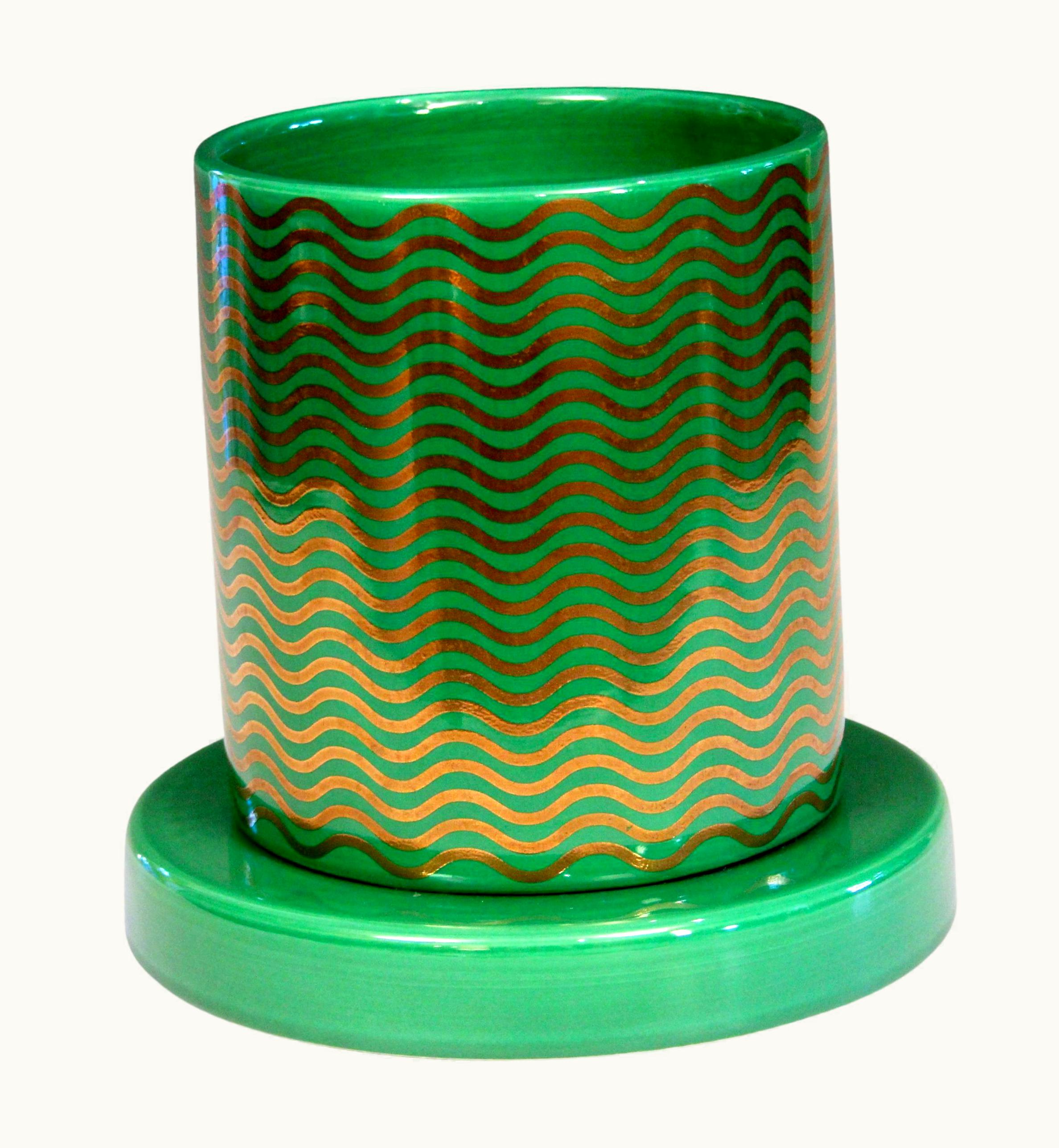Ettore Sottsass Ettore Sottsass Vase Mediterraneo Green Gilt Waves Lavori In Corso Signed Dated